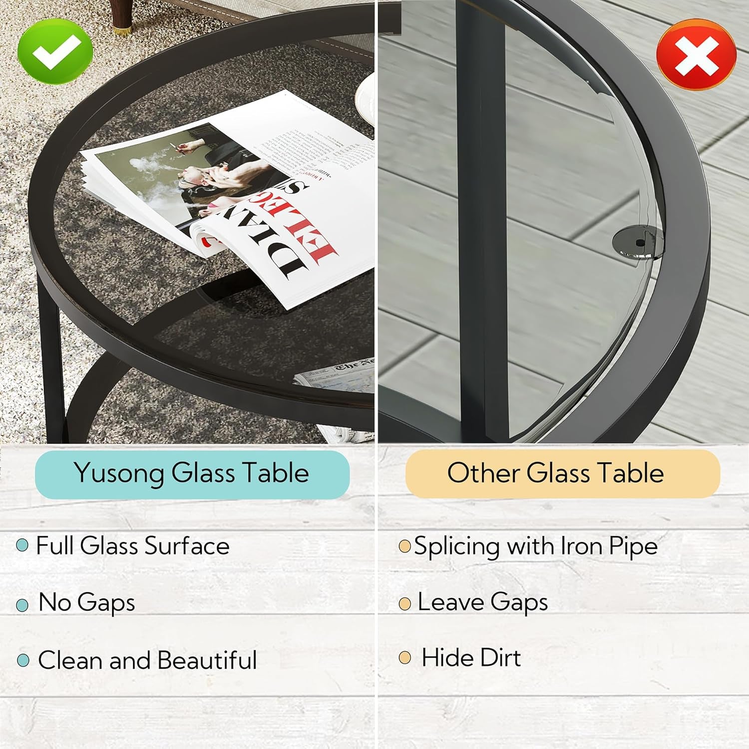 round Glass Coffee Tables for Living Room, 2-Tier Circle Coffee Table with Storage, 26" Modern Center Accent Table with Light Black Glass, Small End Table for Small Space, Bedroom