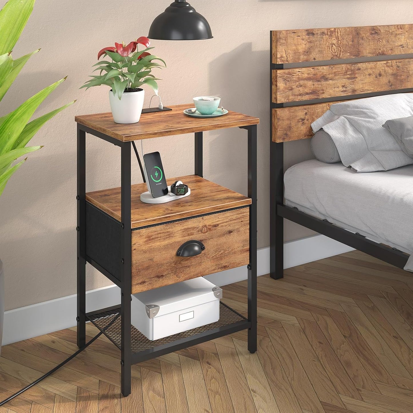 Nightstands Set of 2, Night Stands with Charging Station and Fabric Drawer, Bedside Tables with Storage, 2- Tier Side Table with Open Shelf, Nightstands with Charging Station,Rustic Brown