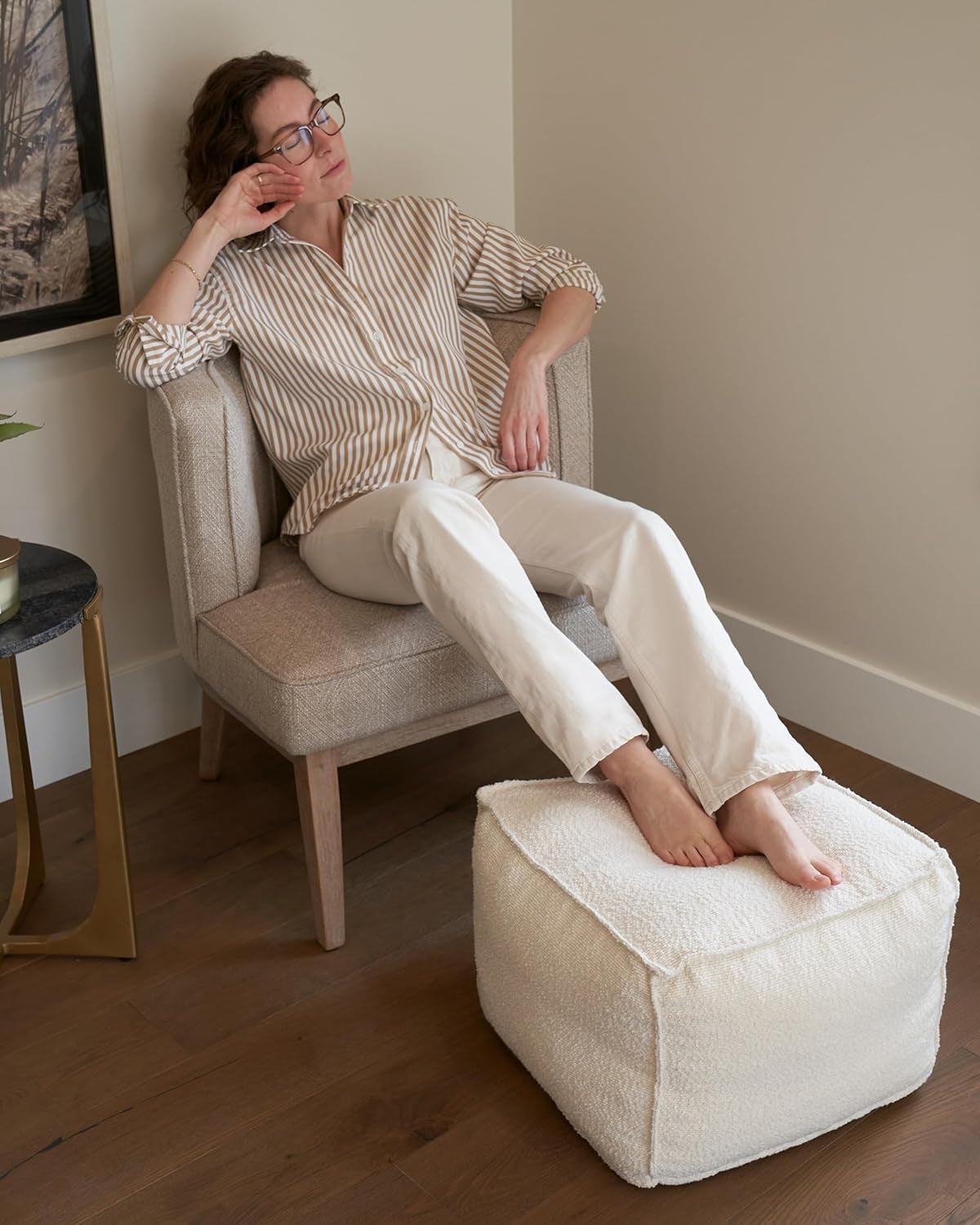 Beautiful Boucle Pouf Ottoman and Foot Rest - Elevate Your Living Room Decor with Lightweight Comfort and Charm - a round Modern Foam Filled Foot Stool Perfect to Rest Your Feet