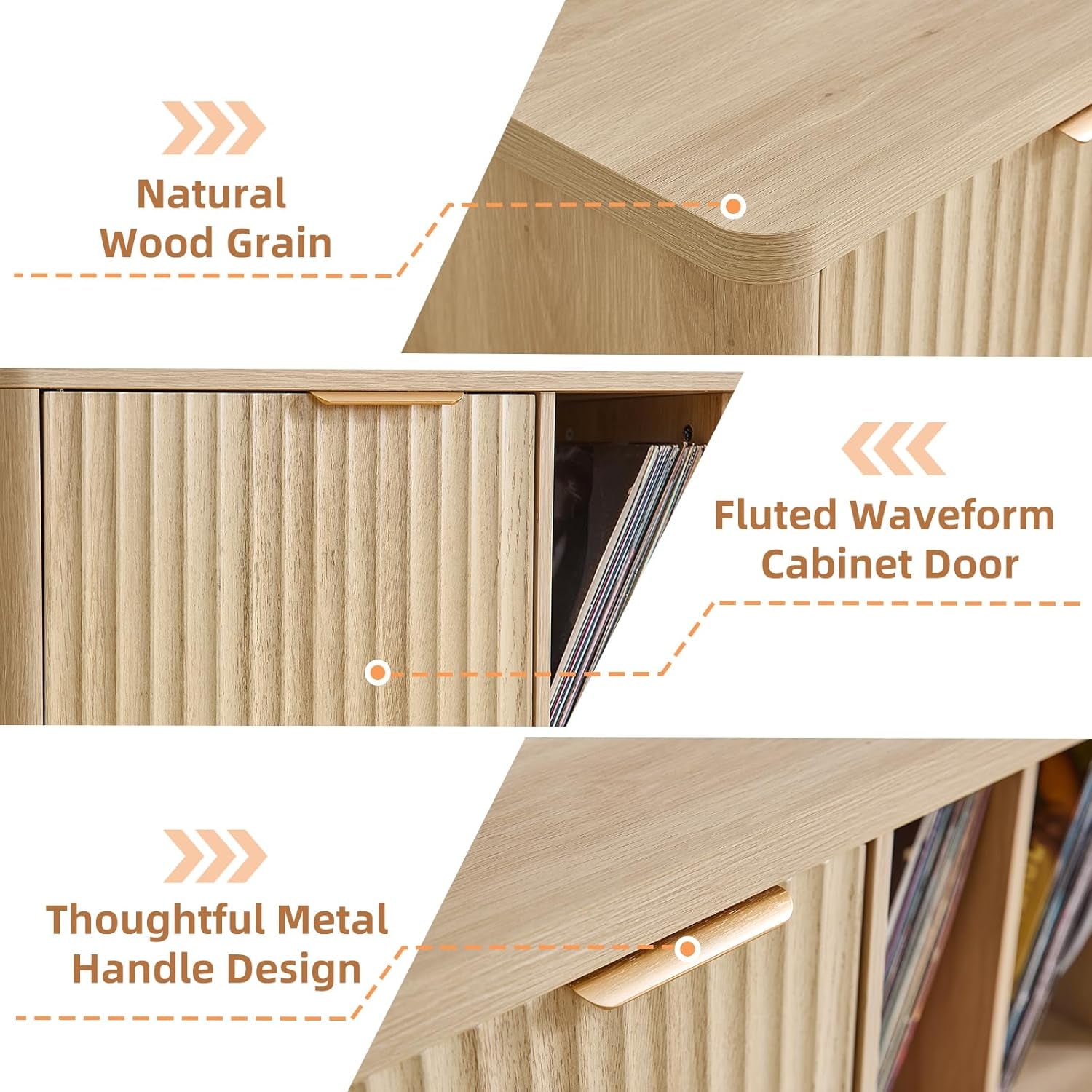 Large Record Player Stand with Vinyl Storage up to 450 Albums, Wood Fluted Boho Record Storage Accent Cabinet, Modern Stereo Media Cabinets, Wide Turntable Stand for Living Room, Natural Oak