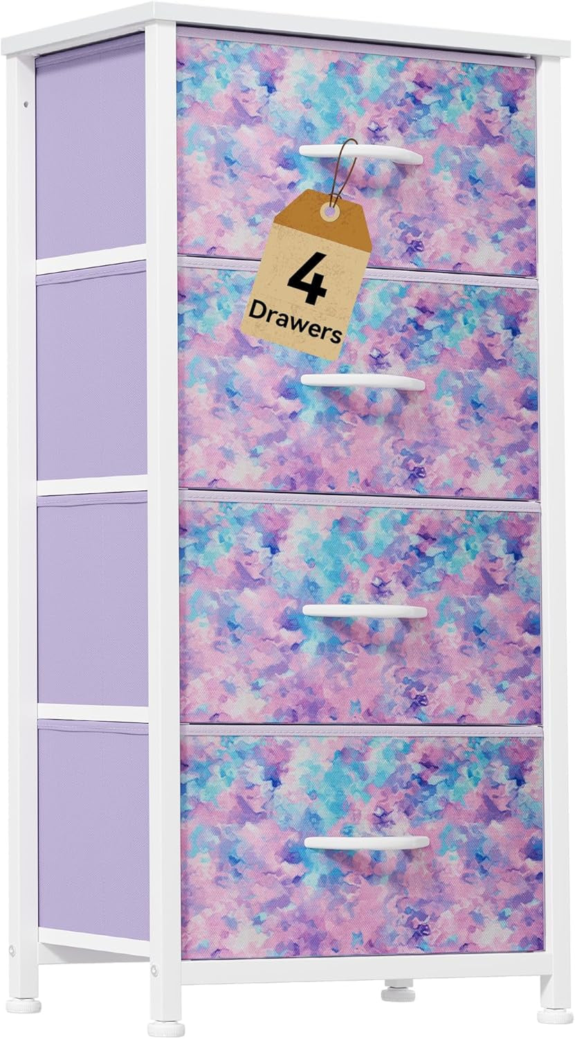 Dresser with 4 Drawers - Storage Tower Unit, Dresser for Room, Living Room, Closets - Sturdy Steel Frame, Wooden Top & Easy Pull Fabric Bins,Purple