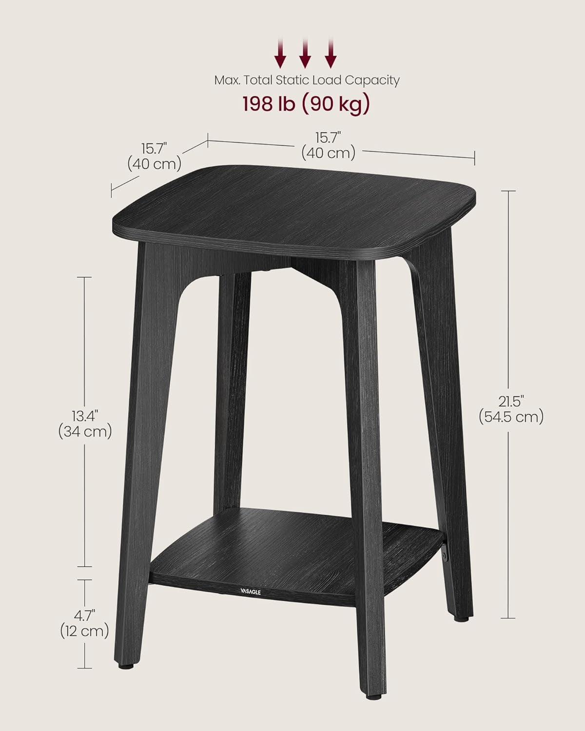 MAEZO Collection - Side Table, 2-Tier Small Square End Table, Nightstand with Tapered Legs, Curved Transitions, for Small Spaces, Living Room, Bedroom, Charcoal Gray ULET236B01
