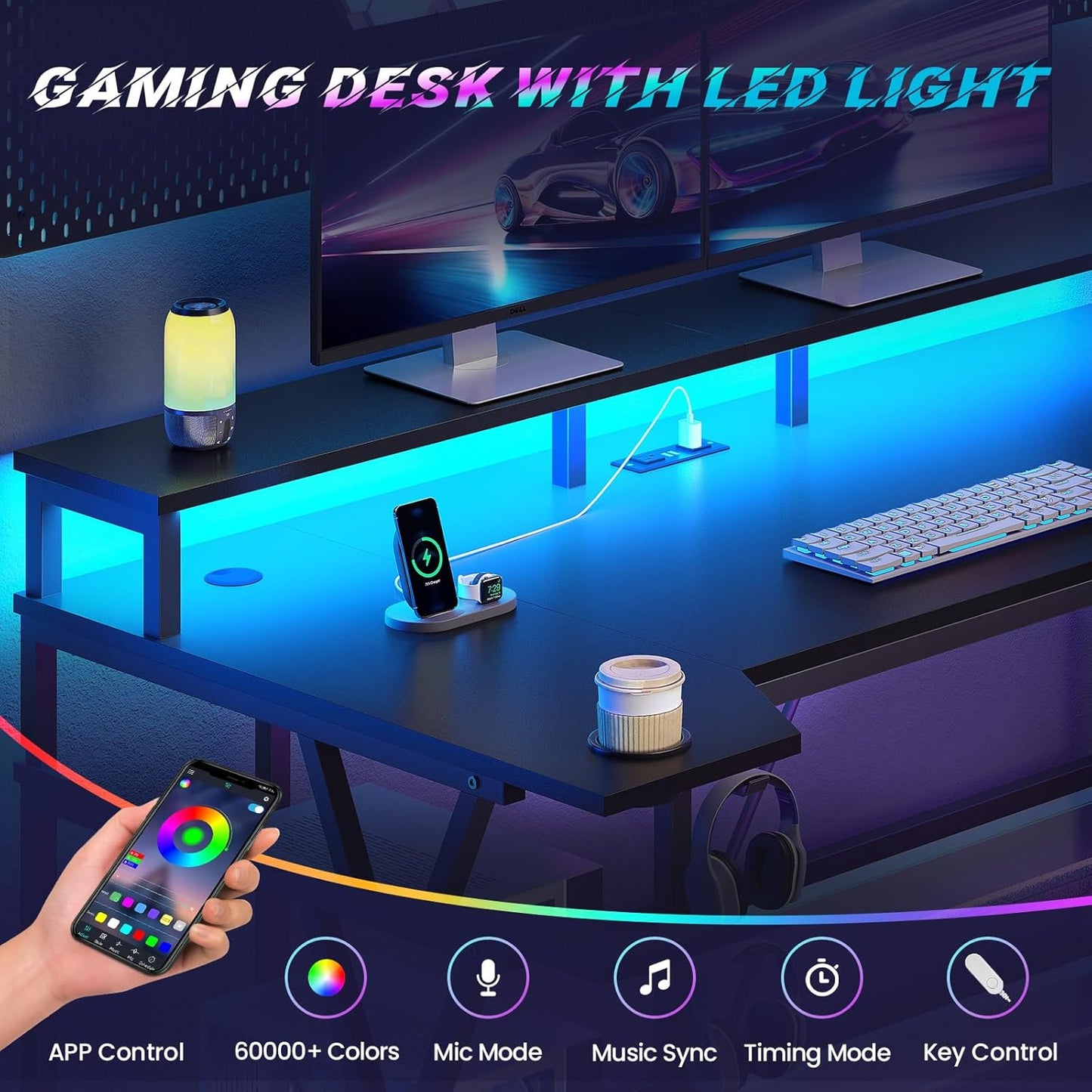 Gaming Desk 70.8'' with LED Lights and Storage Shelves, Computer Desk with Monitor Stand, Power Outlets and Cup Holder, Large PC Gamer Desk, Gaming Table for Bedroom, Living Room, Black
