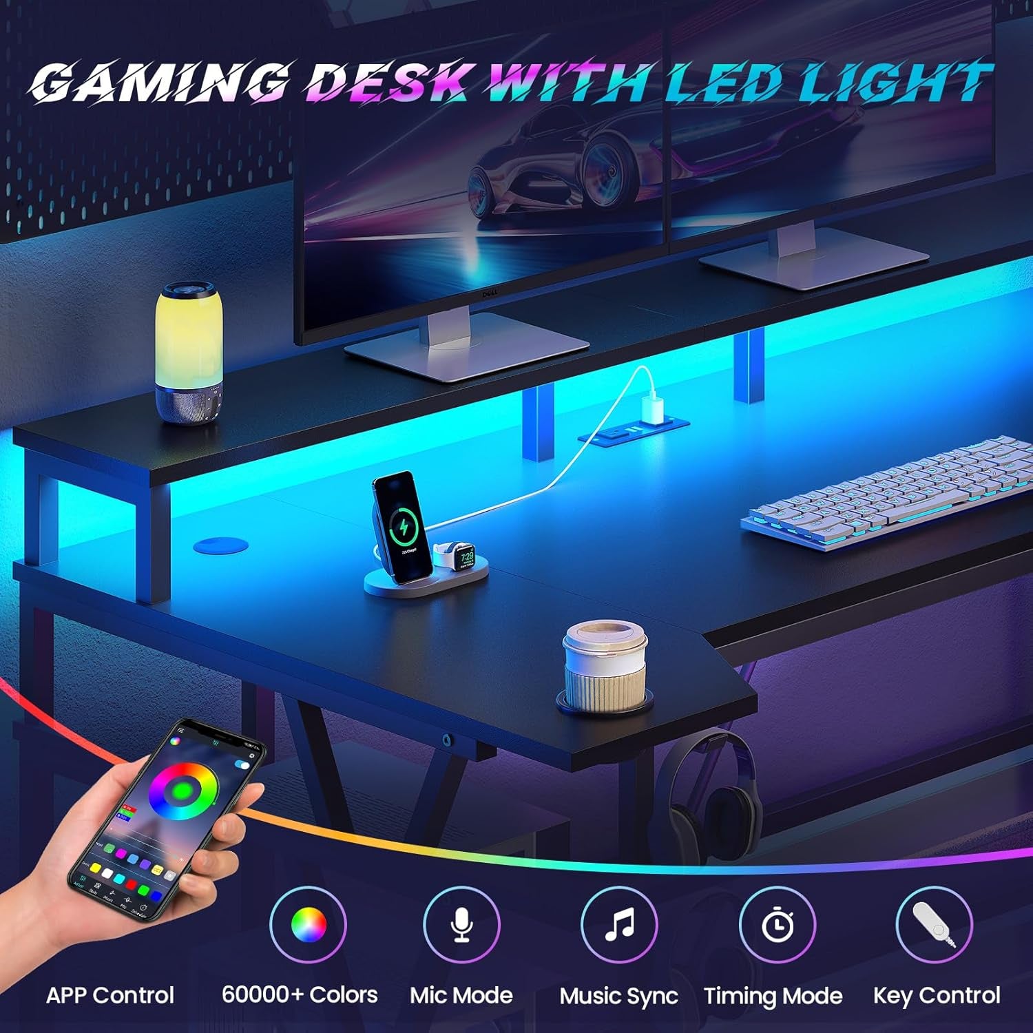 Gaming Desk 70.8'' with LED Lights and Storage Shelves, Computer Desk with Monitor Stand, Power Outlets and Cup Holder, Large PC Gamer Desk, Gaming Table for Bedroom, Living Room, Black