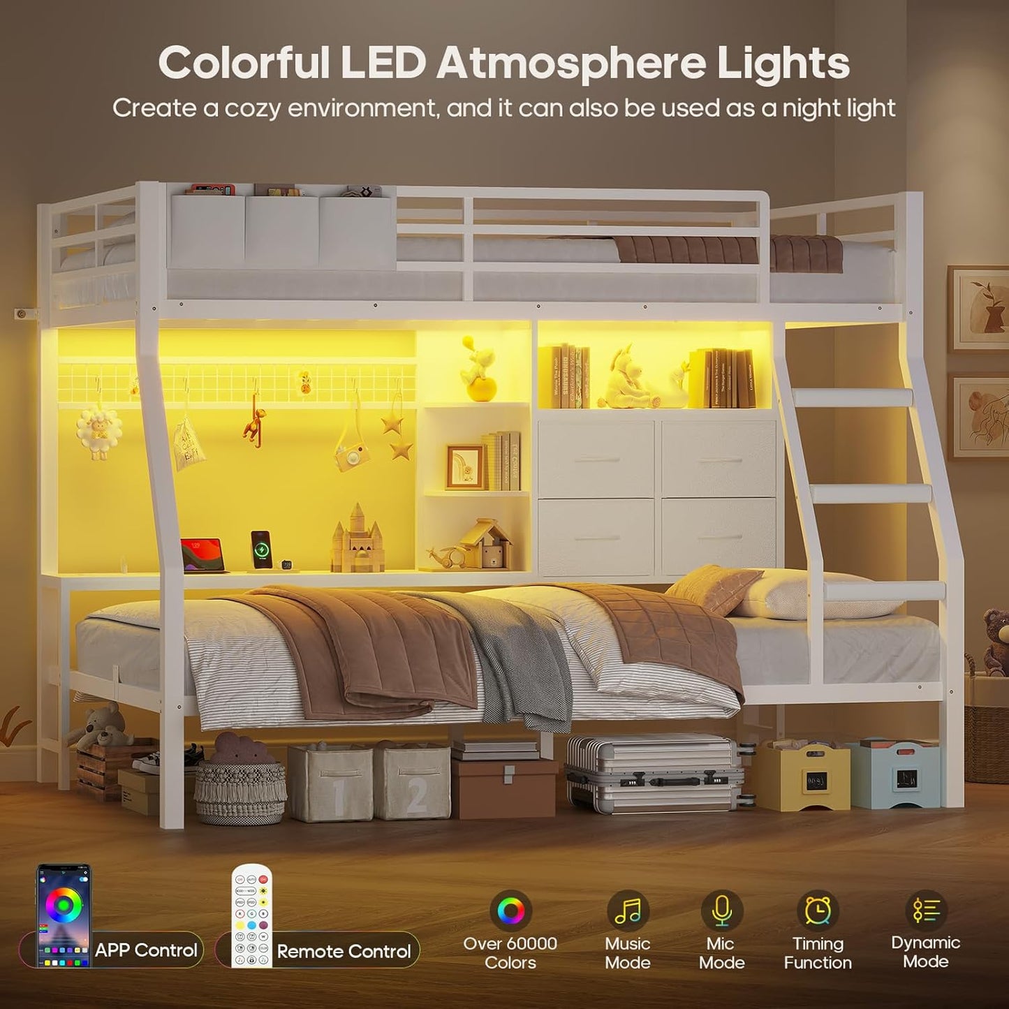 Bunk Bed Twin over Twin with 4 Storage Drawers & Shelves & Bedside Caddy, Twin Bunk Beds with Charging Station & Led Lights, Metal Bunk Bed with Safety Guardrail & Angled Ladder for Kids, White