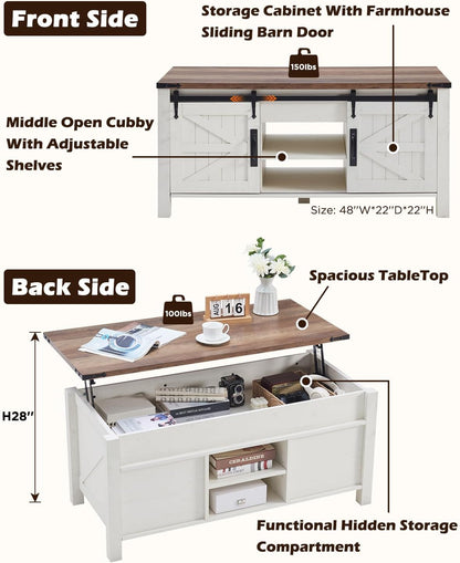 48" Farmhouse Lift Top Coffee Table with Sliding Barn Door,Rustic Center Table with Hidden Storage Compartment,Lifting Tabletop and Adjustable Shelf for Living Room,Office,Antique White