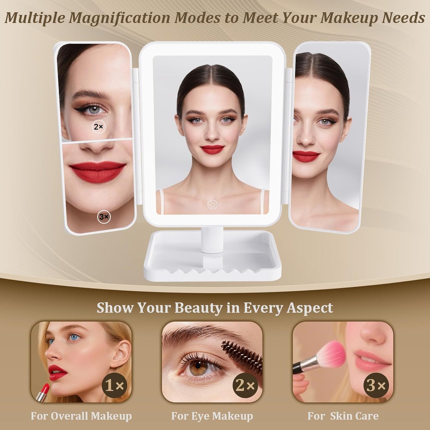 Makeup Mirror Vanity Mirror with Lights, 3 Color Lighting Modes, 1X/2X/3X Magnification, Tri-Fold, 360° Rotation, Phone Holder for Makeup, 2000Mah Rechargeable, Bedroom, Bathroom, (White)