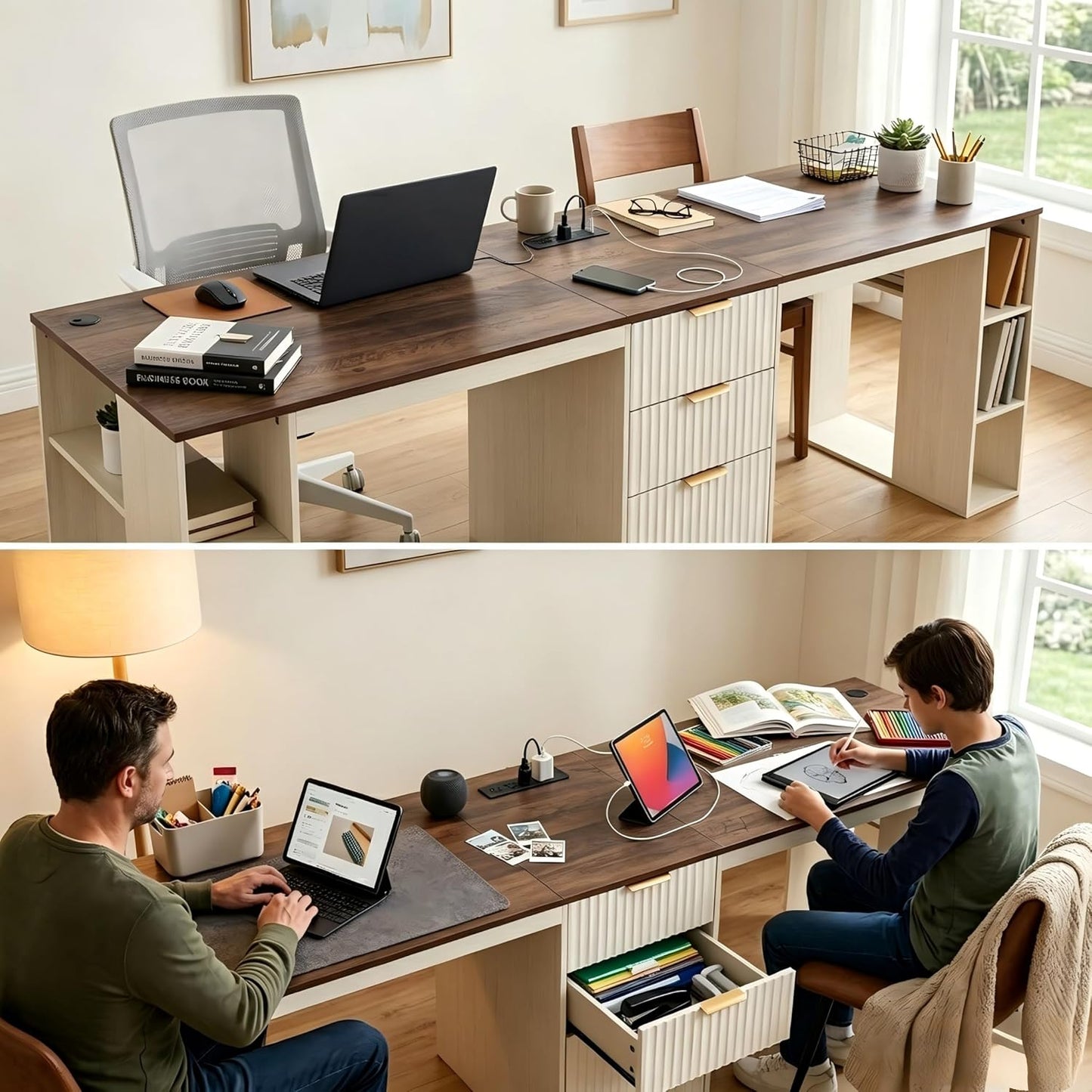 96.5" 2 Person Desk with Power Outlet & USB Ports, Double Computer Desk with Drawers & Storage Shelves, Modern Fluted Home Office Desk, White