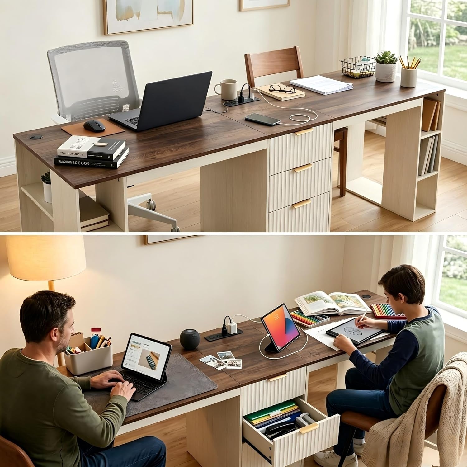 96.5" 2 Person Desk with Power Outlet & USB Ports, Double Computer Desk with Drawers & Storage Shelves, Modern Fluted Home Office Desk, White