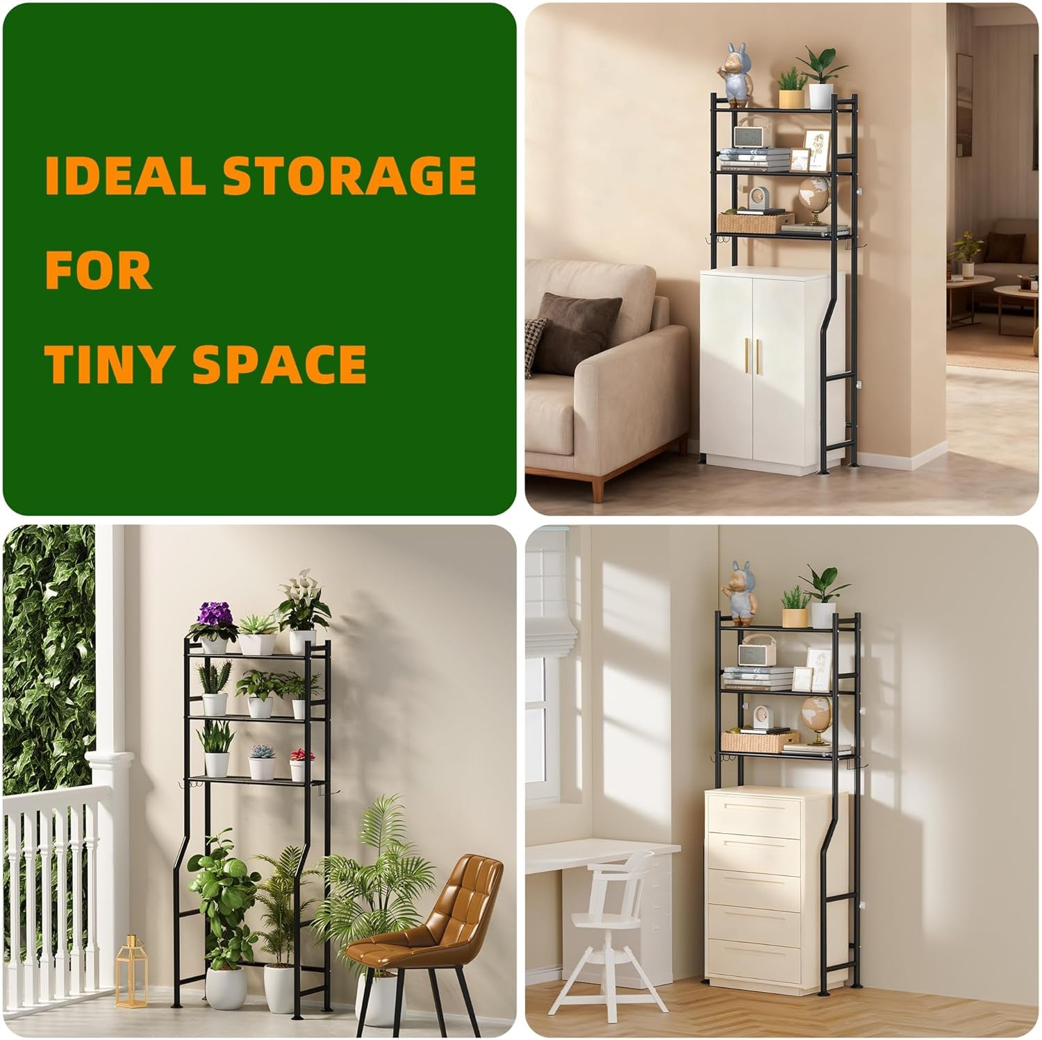 3-Tier over the Toilet Storage, Space Saver Metal Bathroom Shelves, Freestanding above over Toilet Storage Shelf with 4 Hooks for Bathroom, Black