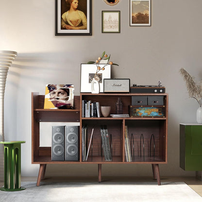 Large Record Player Stand, Mid-Century Vinyl Record Storage Table with Wood Legs and Record Storage, Modern Turntable Stand Holds up to 300 Albums for Studio, Living Room, Bedroom (Walnut)