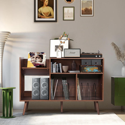 Large Record Player Stand, Mid-Century Vinyl Record Storage Table with Wood Legs and Record Storage, Modern Turntable Stand Holds up to 300 Albums for Studio, Living Room, Bedroom (Walnut)