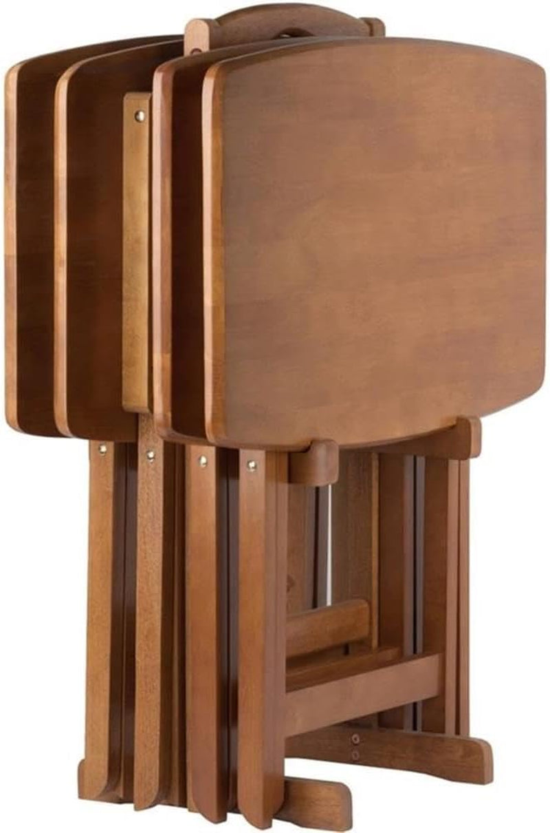 24" W X 12" D Transitional Oversized Solid Wood Snack Table Set with Storage Stand, Curved Sides, Rounded Corners, X-Frame Bases, No Assembly Required, in Brown Finish (Set of 5)