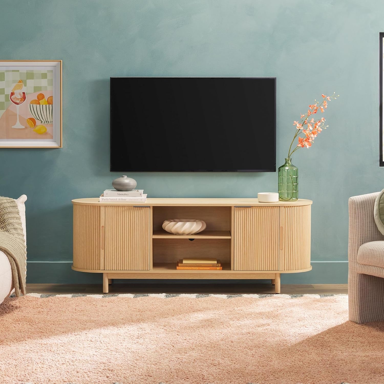 Modern Curved Reeded TV Stand for Tvs up to 70 Inches, Credenza with Sliding Doors and Adjustable Shelves, TV Stand with Cord Management Cutout, 60 Inch, Coastal Oak