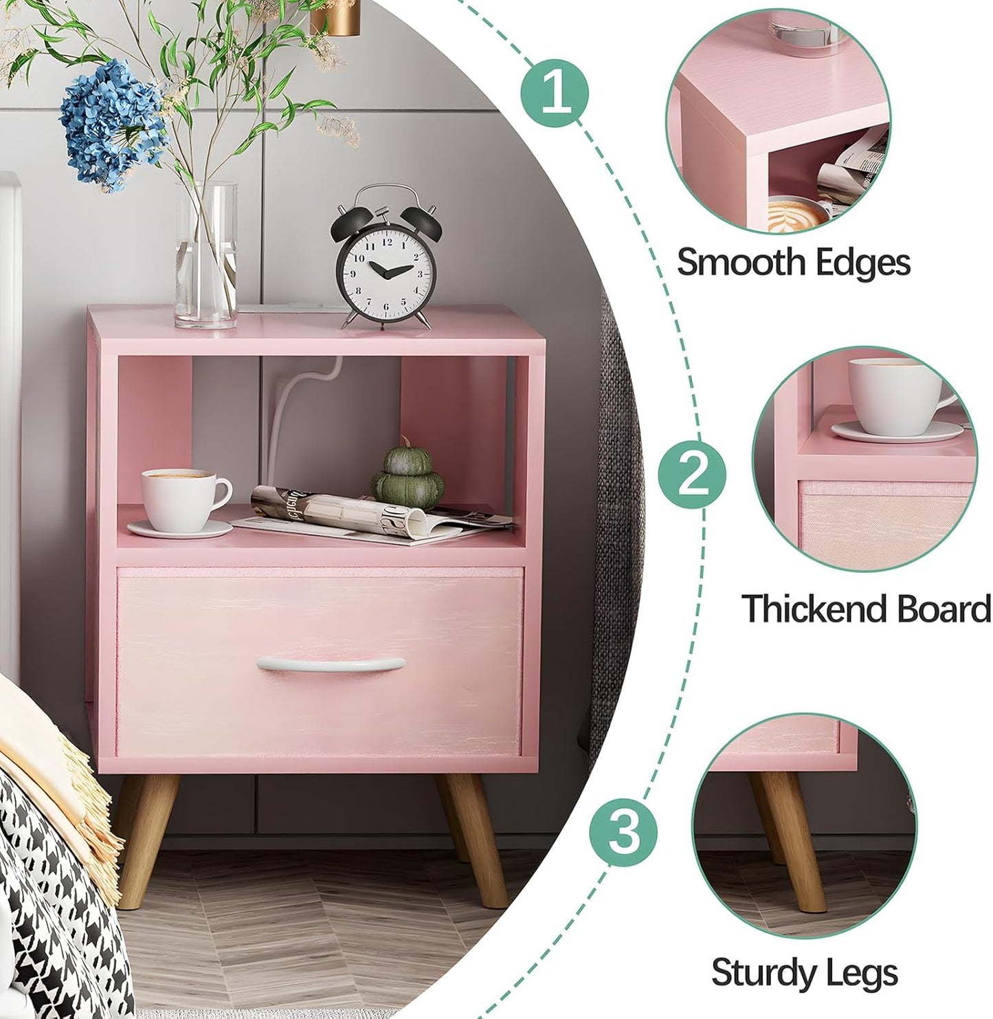 Night Stand with Charging Station, Pink Kids Nightstand with Drawer, 2-Tier Nursery Bedside Table with USB Ports and Outlets, End Table for Small Space, Living Room, Bedroom