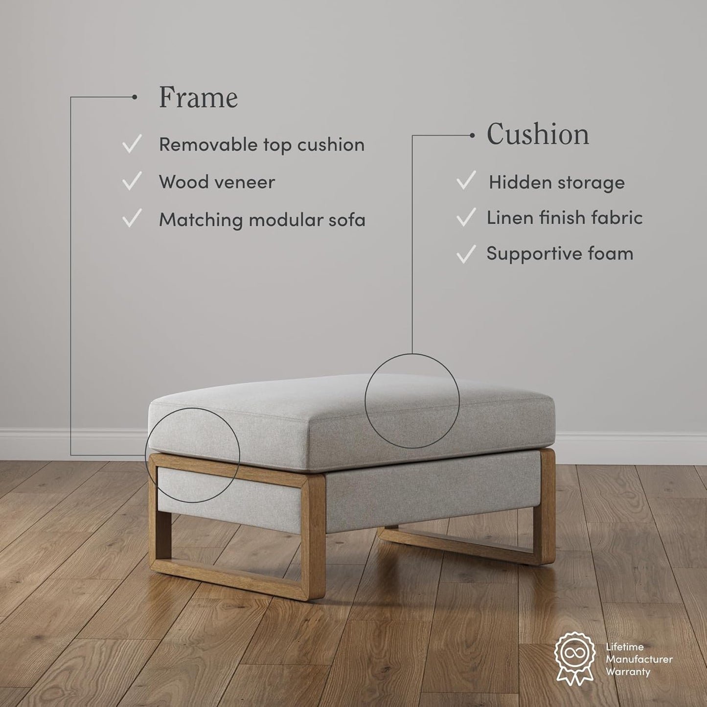 Madison Modern Ottoman Coffee Table with Storage, Upholstered Ottoman with Solid Wood Legs, Sand/Light Brown