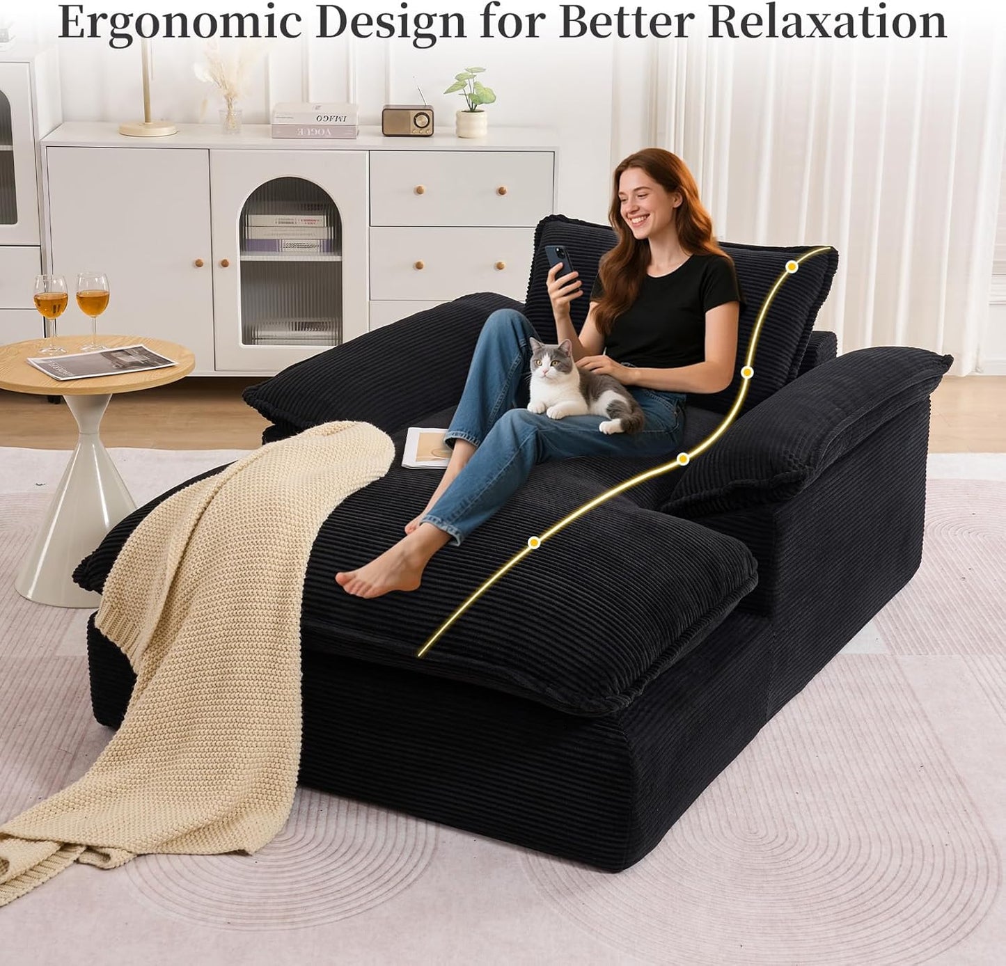 Oversized Chaise Lounge Chair Indoor, 67" Boneless Chaise Lounge with Extra Deep Seat, Comfy Corduroy Upholstered Sleeper Sofa Bed, Cozy Fluffy Single Sofa Armchair for Living Room, Black