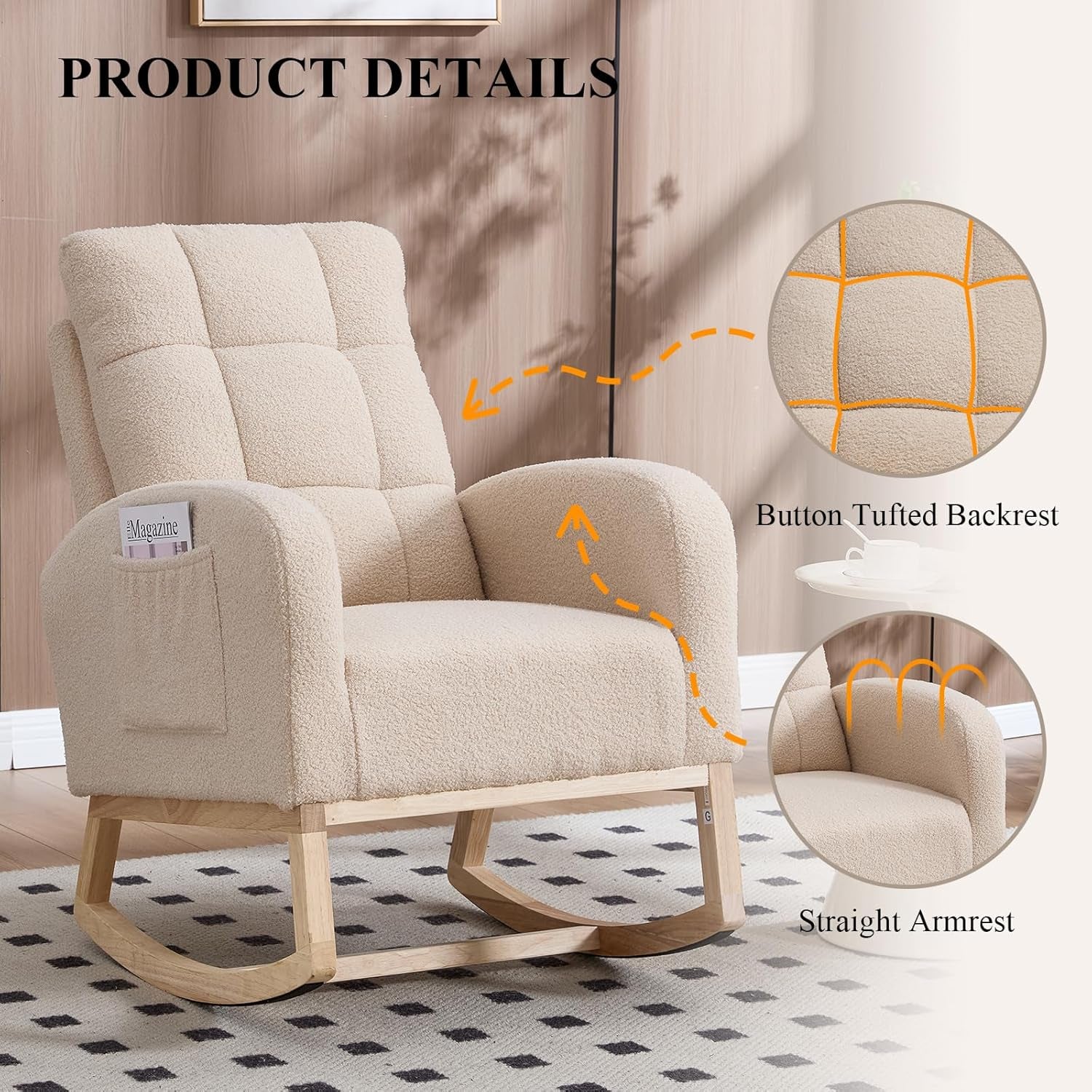 Nursery Rocking Chair, Teddy Upholstered Glider Chair with Side Pocket, Glider Rocker Chair with Tufted Back, Comfy Accent Nursing Chair for Living Room (Beige Retro)