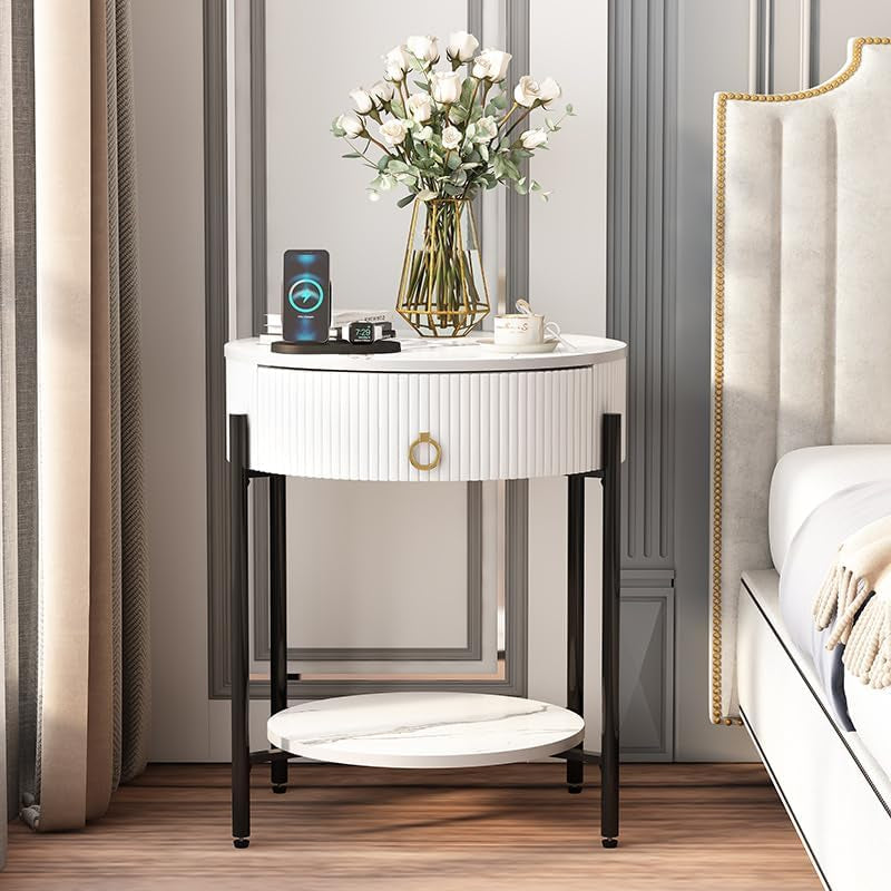 round End Table with Drawer, Modern 2 Tier Nightstand with Shelf, Small Side Table with Sintered Stone Tabletop for Living Room, Bedroom, Dorm, and Office, Marbling Natural Stone/White