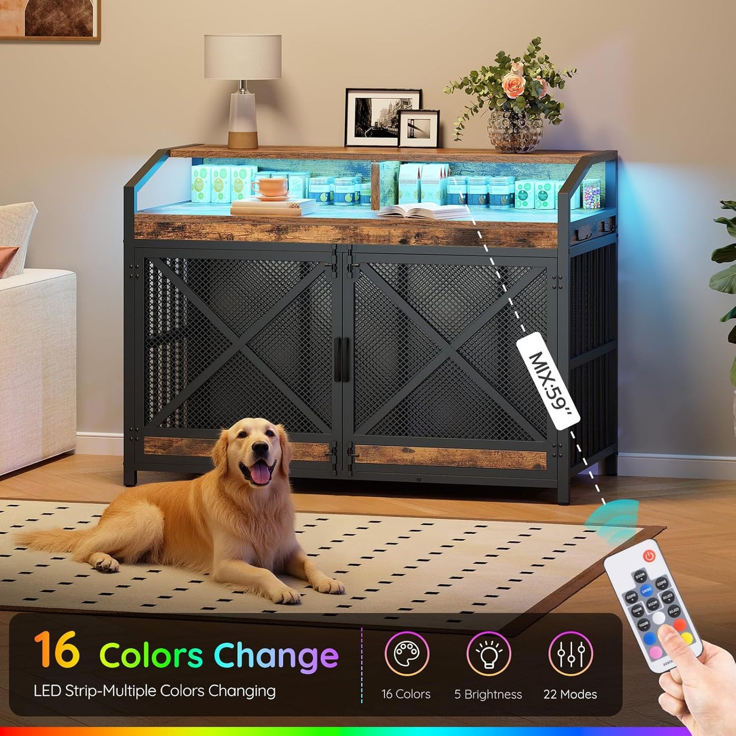 43.3" Dog Crate Furniture, Heavy Duty Dog Kennel Indoor with Storage Shelves, Wooden Dog Cage with LED Lights, for XL Large Dogs Breed, Rustic Brown and Black BF89DGW03