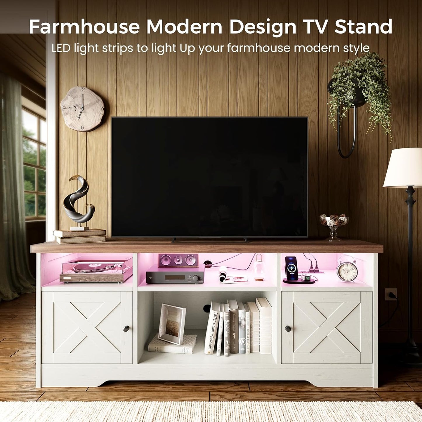 TV Stand for 65 Inch TV, Farmhouse Entertainment Center with Power Outlet & LED Light and Storage Cabinets, Console Table and Media Furniture for Living Room Bedroom, White