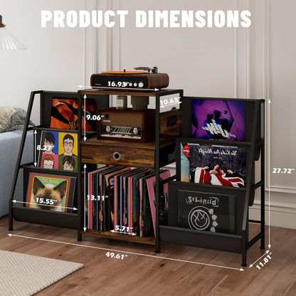 Record Player Stand, Turntable Stand W/Drawer, Oxford Cloth Vinyl Storage, 8 Adjustable Foot Pads for Stability, Record Player Table End Table for Living Room Bedroom Stereo
