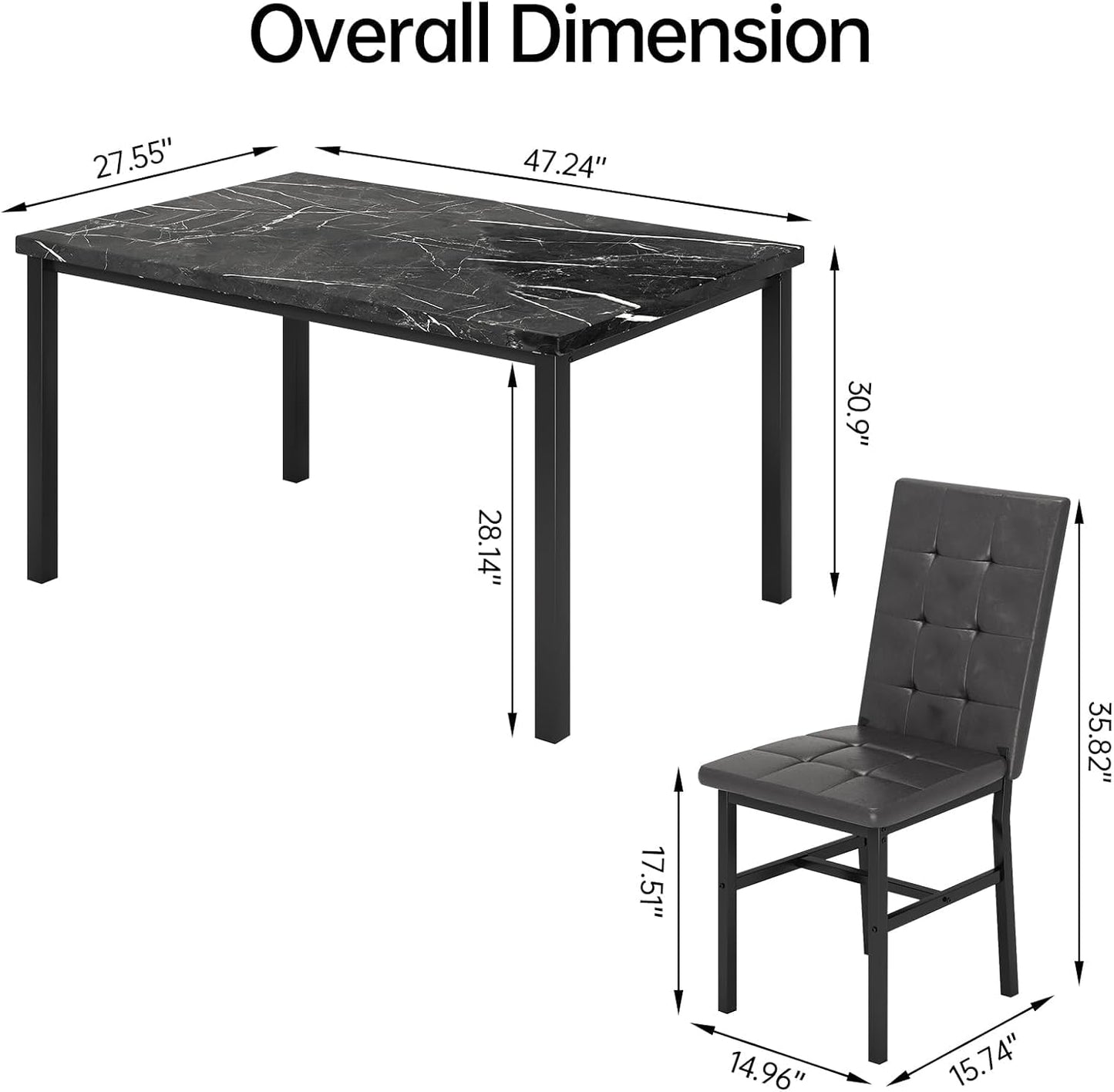 Kitchen Table Set 5 Piece Dining Room Table Set Marble Dining Table 4 Chair Dining Table Set for Kitchen Living Room Breakfast Small Spaces (Black)