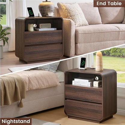 Modern Nightstand Set of 2, 23.2" Wide Wood Bedside Table with Charging Station, 3 Storage Drawers Side Table Curved Profile, Handleless, Large End Table Night Stand for Bedroom, Walnut ﻿