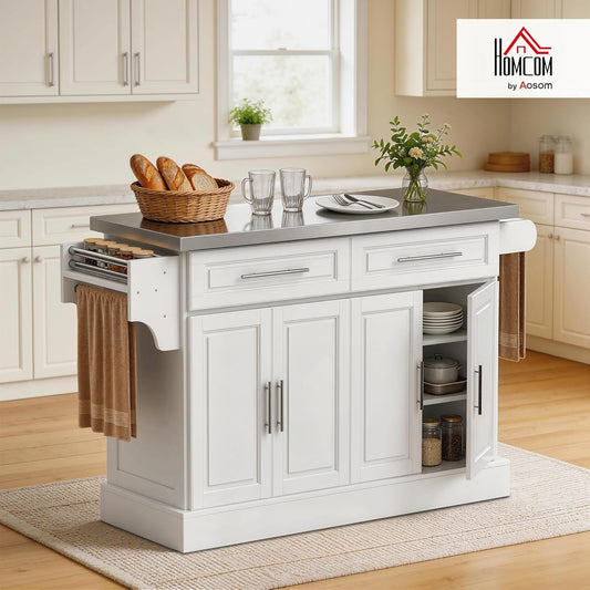 Rolling Kitchen Island Cart with 47" Stainless Steel Top, Portable Island Table for Kitchen with Wheels, Adjustable Shelves, 2 Drawers, Spice, Knife and Towel Rack, White