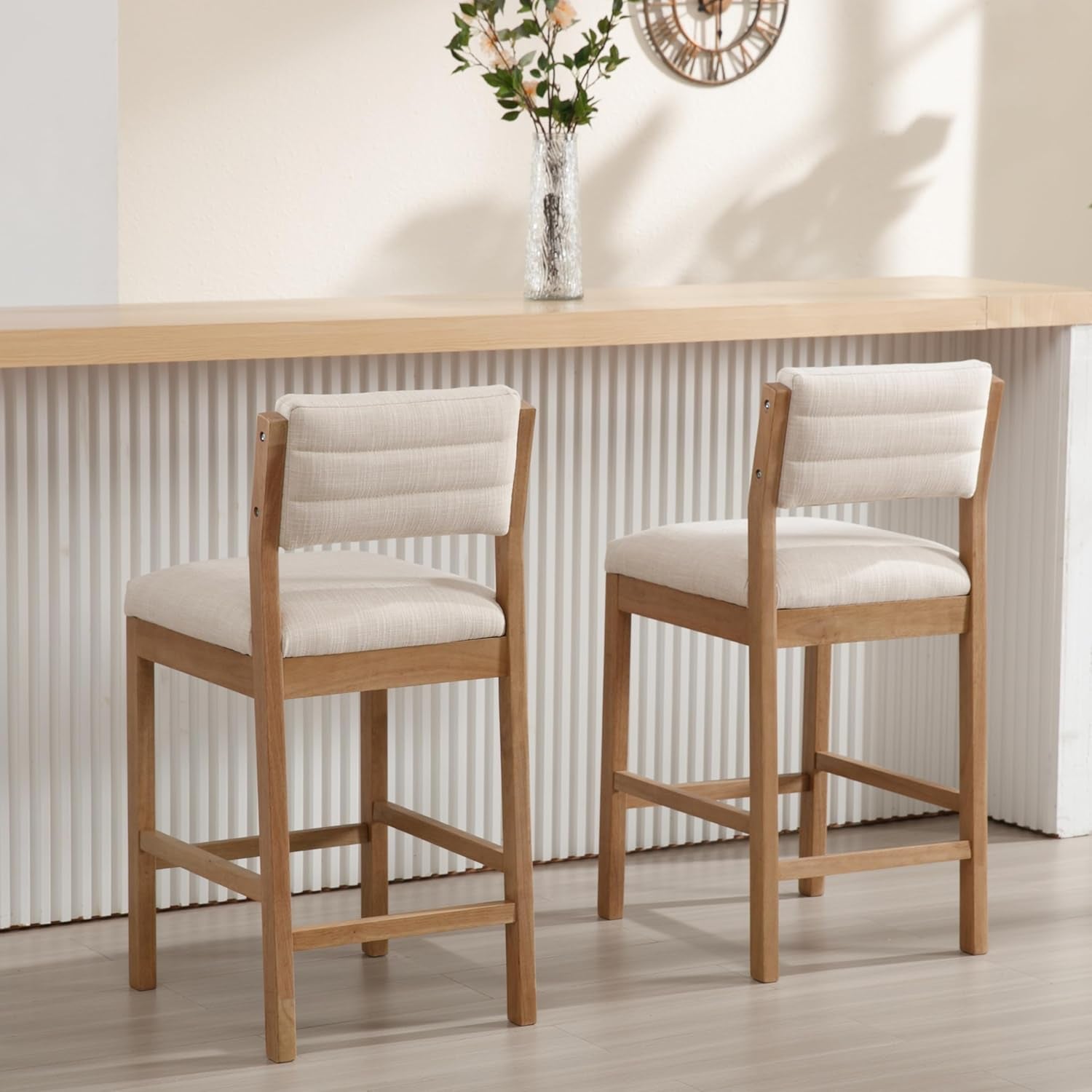 26" Bar Stools Set of 2 Counter Height Bar Stools for Kitchen Counter, Modern Upholstered Barstools with Back and Wood Legs Linen Stools Farmhouse Island Chairs, Beige