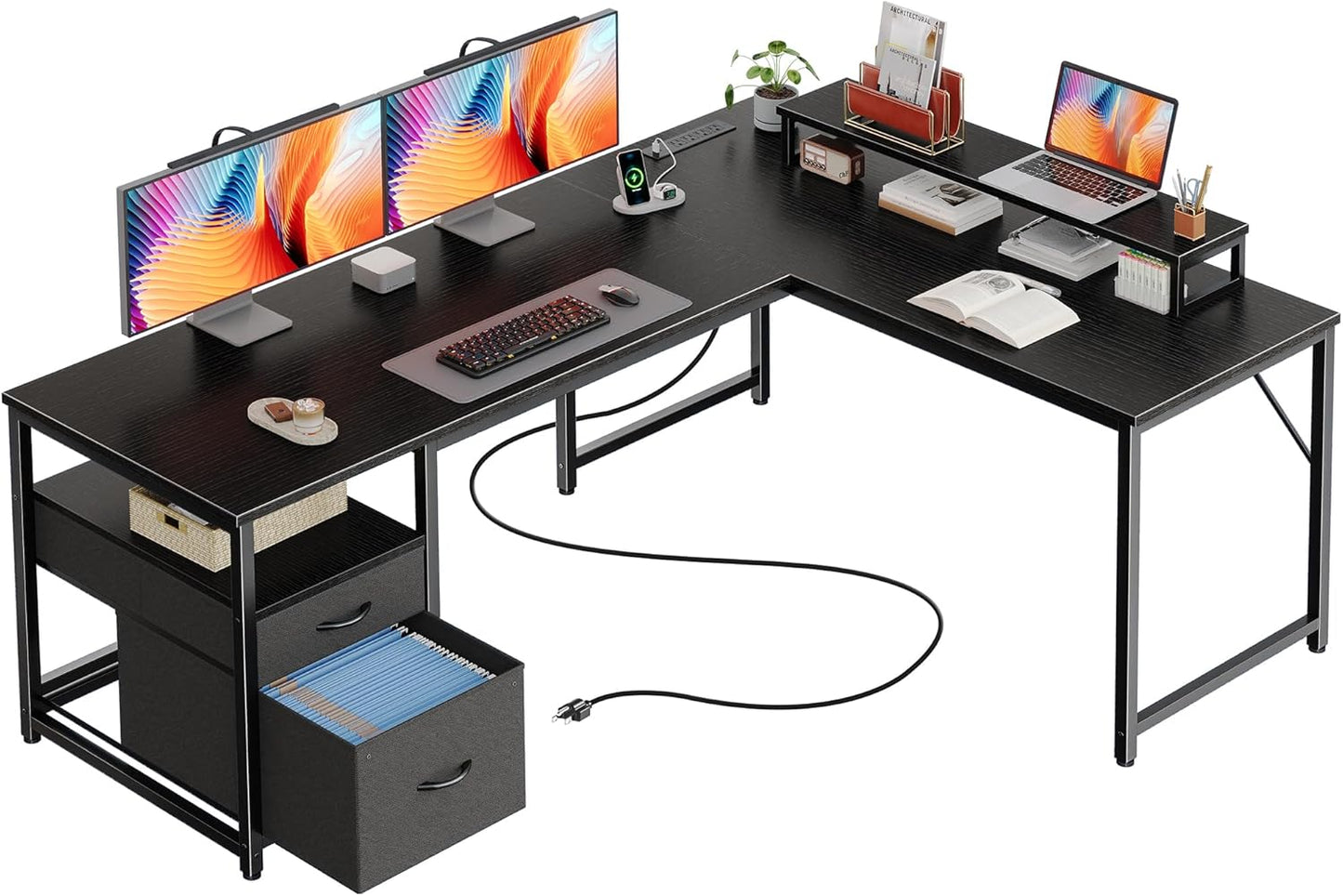 55 Inch L Shaped Desk with Power Outlets and USB-C Port, Computer Corner Home Office Desk with File Fabric Drawers and Movable Monitor Stand, Larger Storage for Gaming, Work, Black
