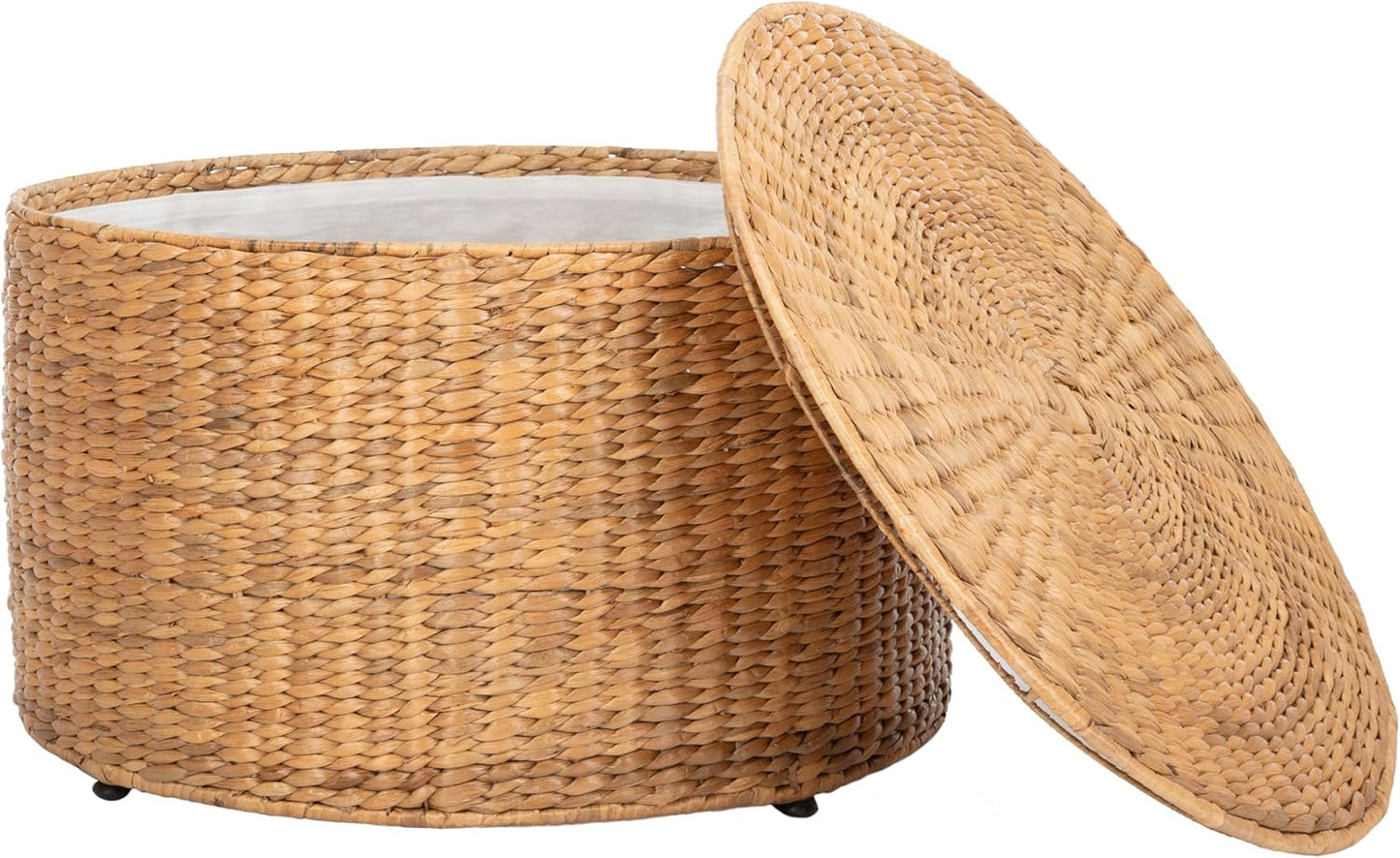 Home Collection – Jesse Natural Wicker Storage round Coffee Table, Fully Assembled, Handwoven Rattan with Lift-Off Lid & Cotton-Lined Interior, Decorative Living Room Accent (SEA7034A)