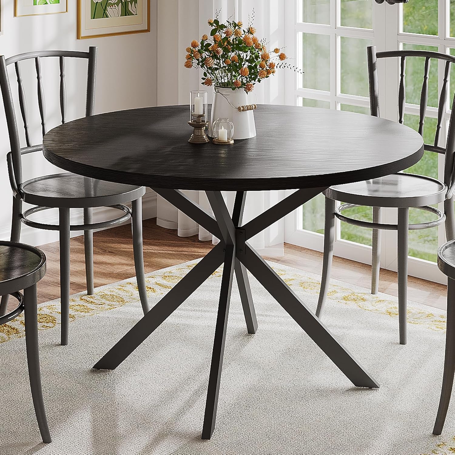 47.2 Inch round Dining Table for 4, Farmhouse Wood Kitchen Table, Circle Dinner Table for Kitchen & Dining Room, Black