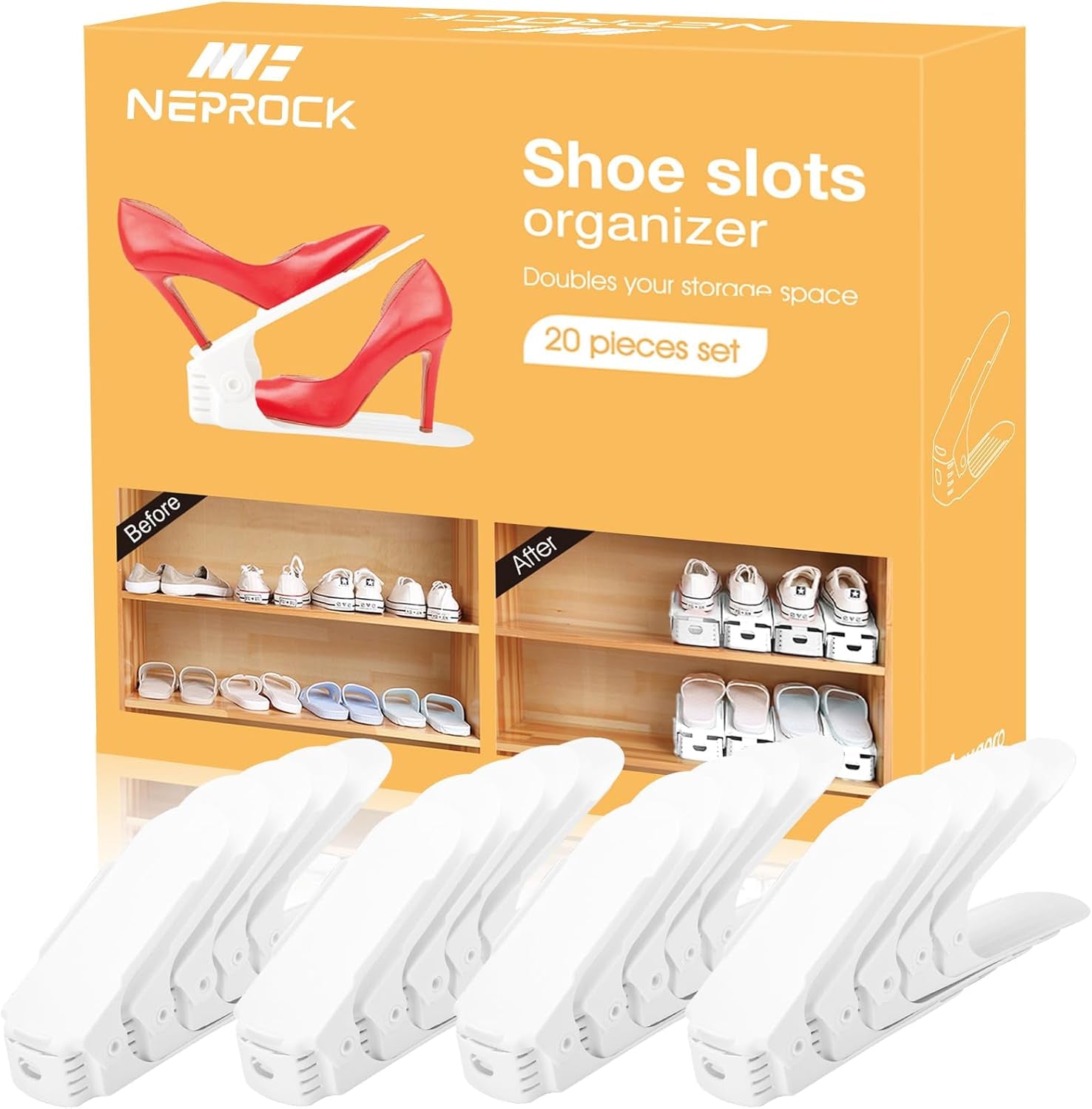 Shoe Slots Organizer, 20 Pack Adjustable Shoe Rack Stacker Storage Space Saver, Double Deck Shoe Rack Holder for Closet Organization (White)