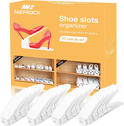 Shoe Slots Organizer, 20 Pack Adjustable Shoe Rack Stacker Storage Space Saver, Double Deck Shoe Rack Holder for Closet Organization (White)