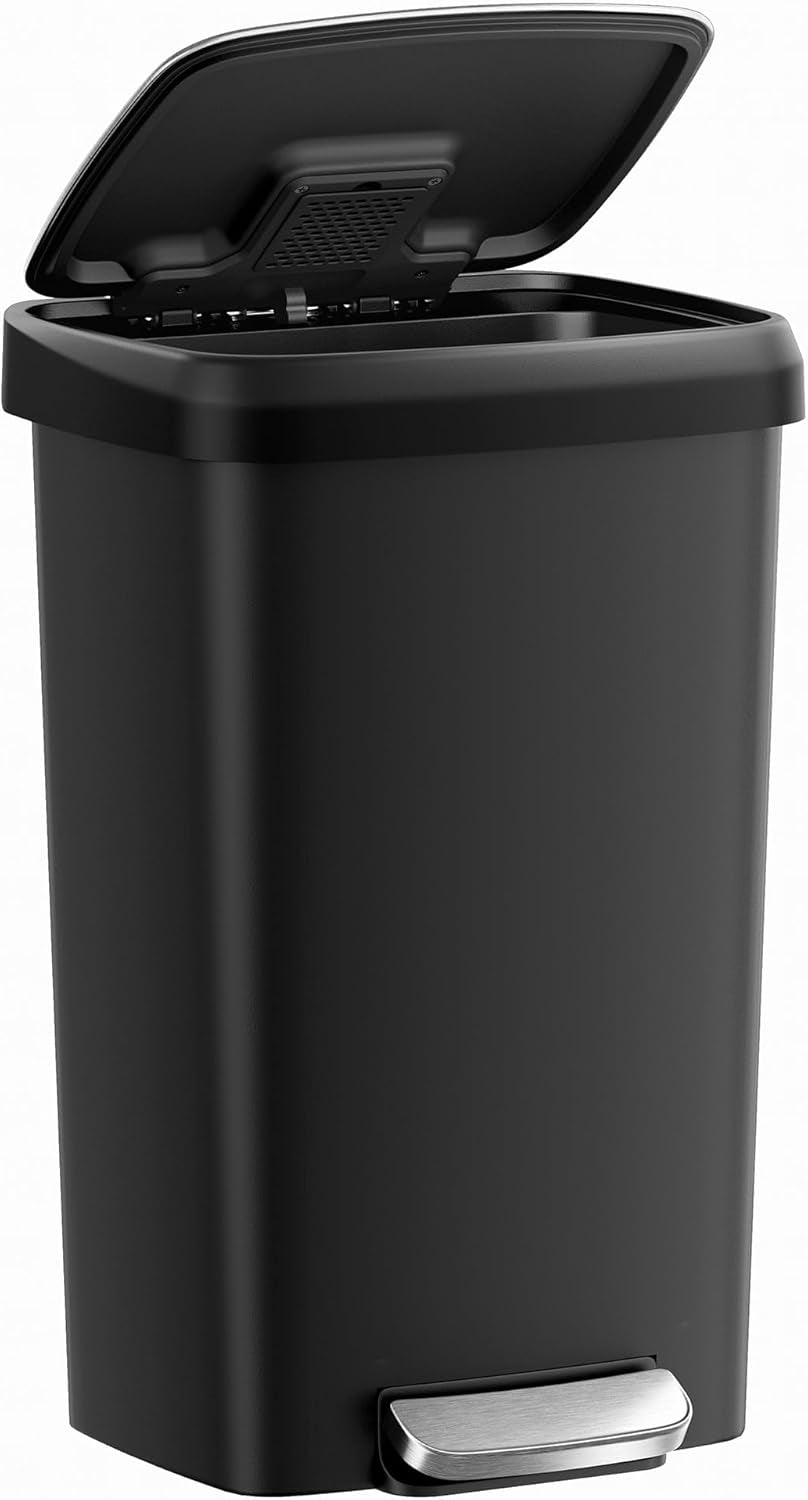 Plastic Kitchen Trash Can, 12-Gallon (45 L) Garbage Can with Stainless Steel Lid, Soft Close, Pedal Waste Bin with Wheels and Rear Handle, Ink Black ULTB533B01