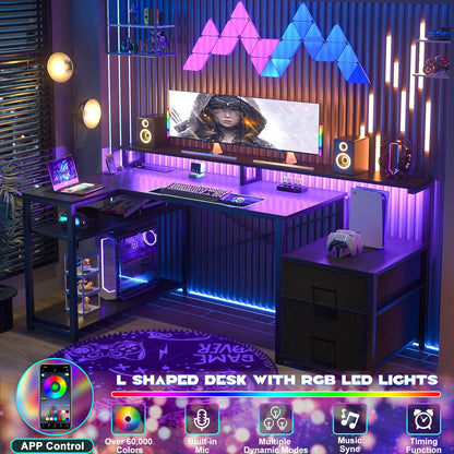 L Shaped Desk with File Drawer, Reversible L Shaped Computer Desk Gaming Desk with Power Outlet & LED Strip, Home Office Desk with Monitor Shelf, Corner Desk with Storage Shelves, Black