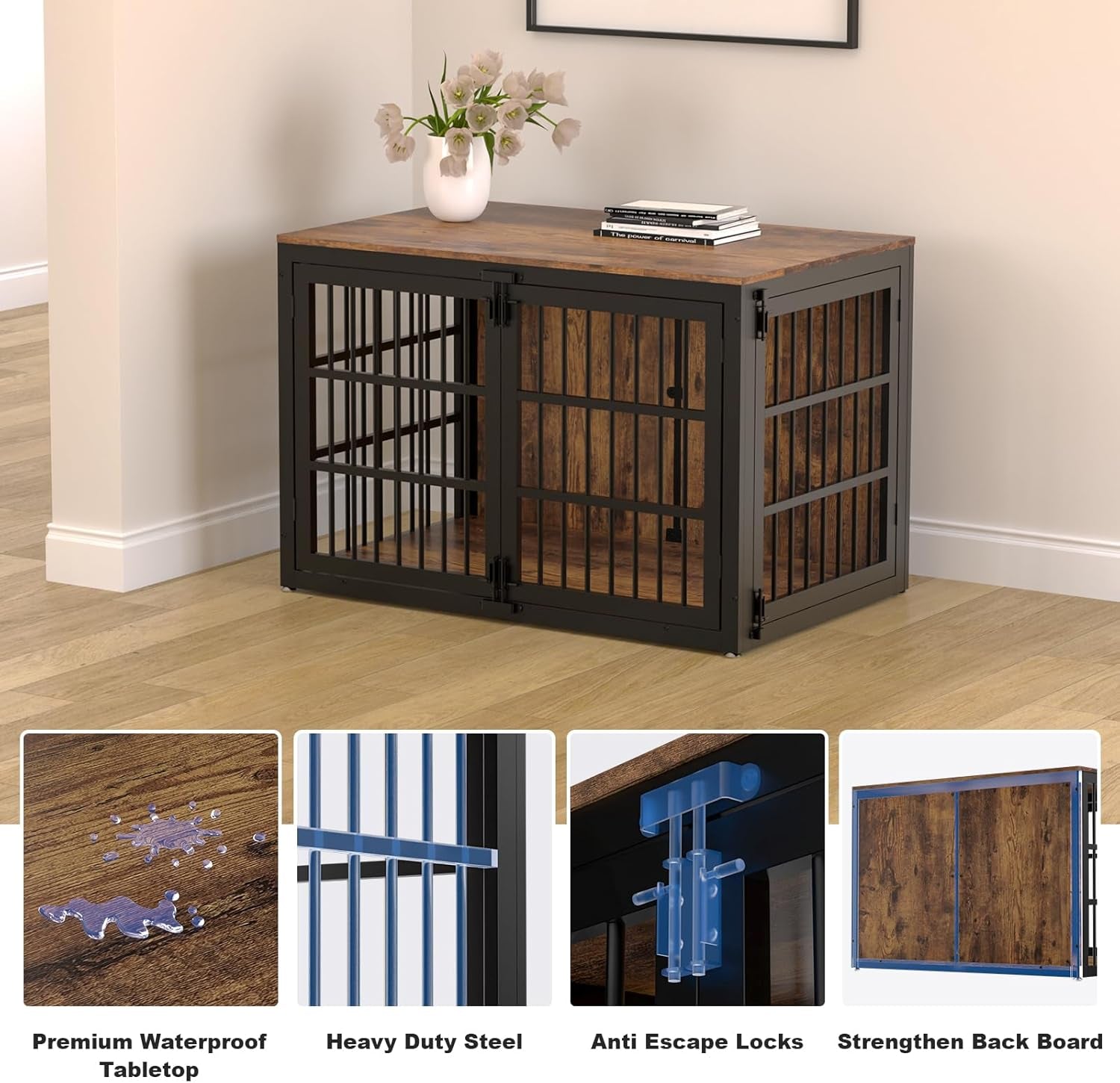 33" Heavy Duty Dog Crate Furniture, Wooden Dog Cage Kennel for Small and Medium Dogs, Dog Kennel Indoor with Side Door, Decorative Pet House End Table, Brown