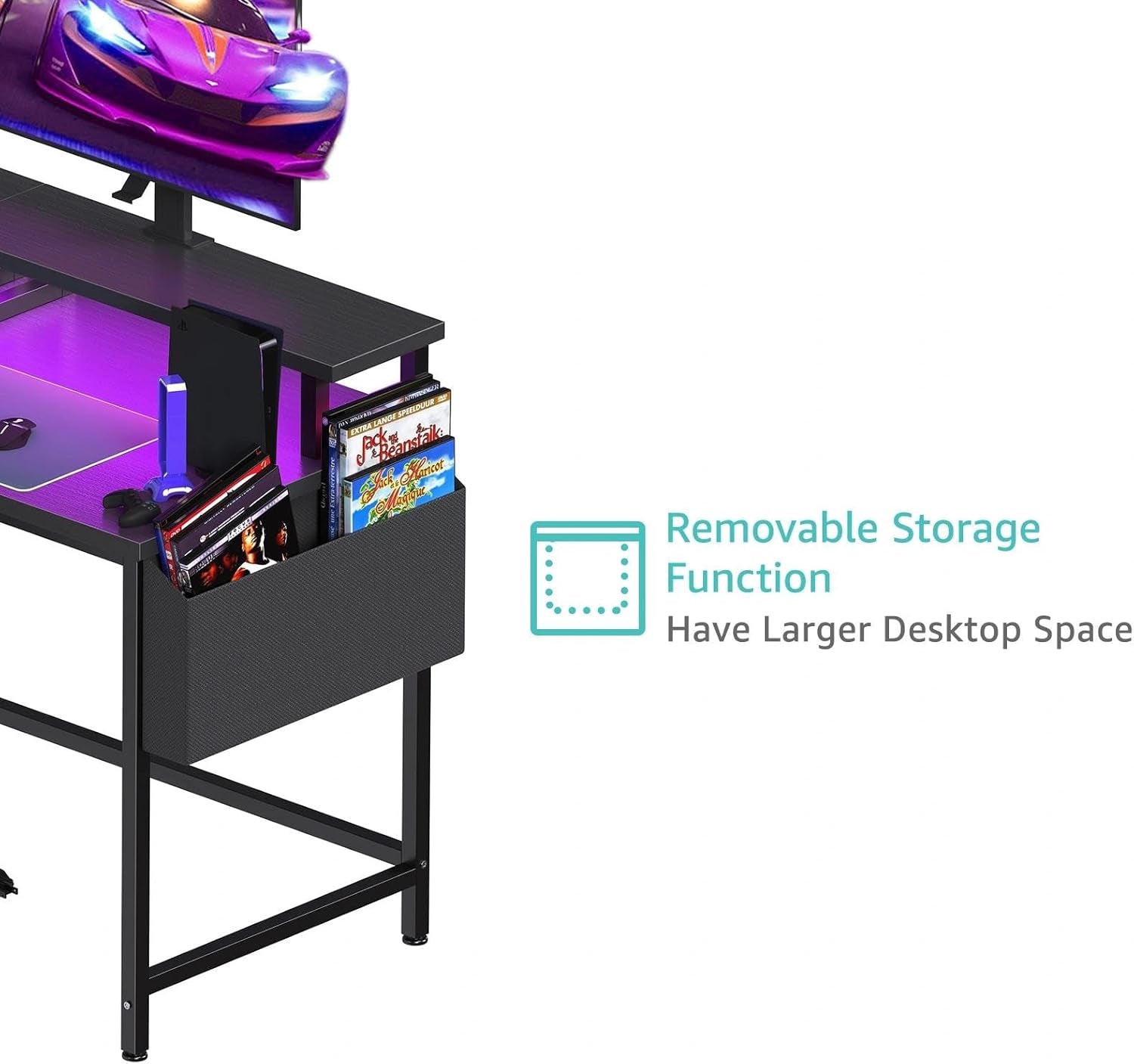 L Shaped Gaming Desk with Led Lights and Power Outlets, 48 Inch Corner Home Office Desk with Monitor Stand Shelves, Writing Study Computer Desks with Fabric Drawers for Bedroom, Black