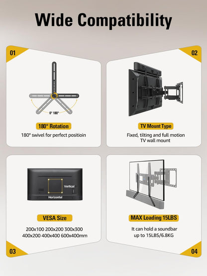 Soundbar Mount Bracket for Mounting above or under TV Fits Most of Sound Bars up to 15 Lbs, with Detachable Long Extension Plates MD5420