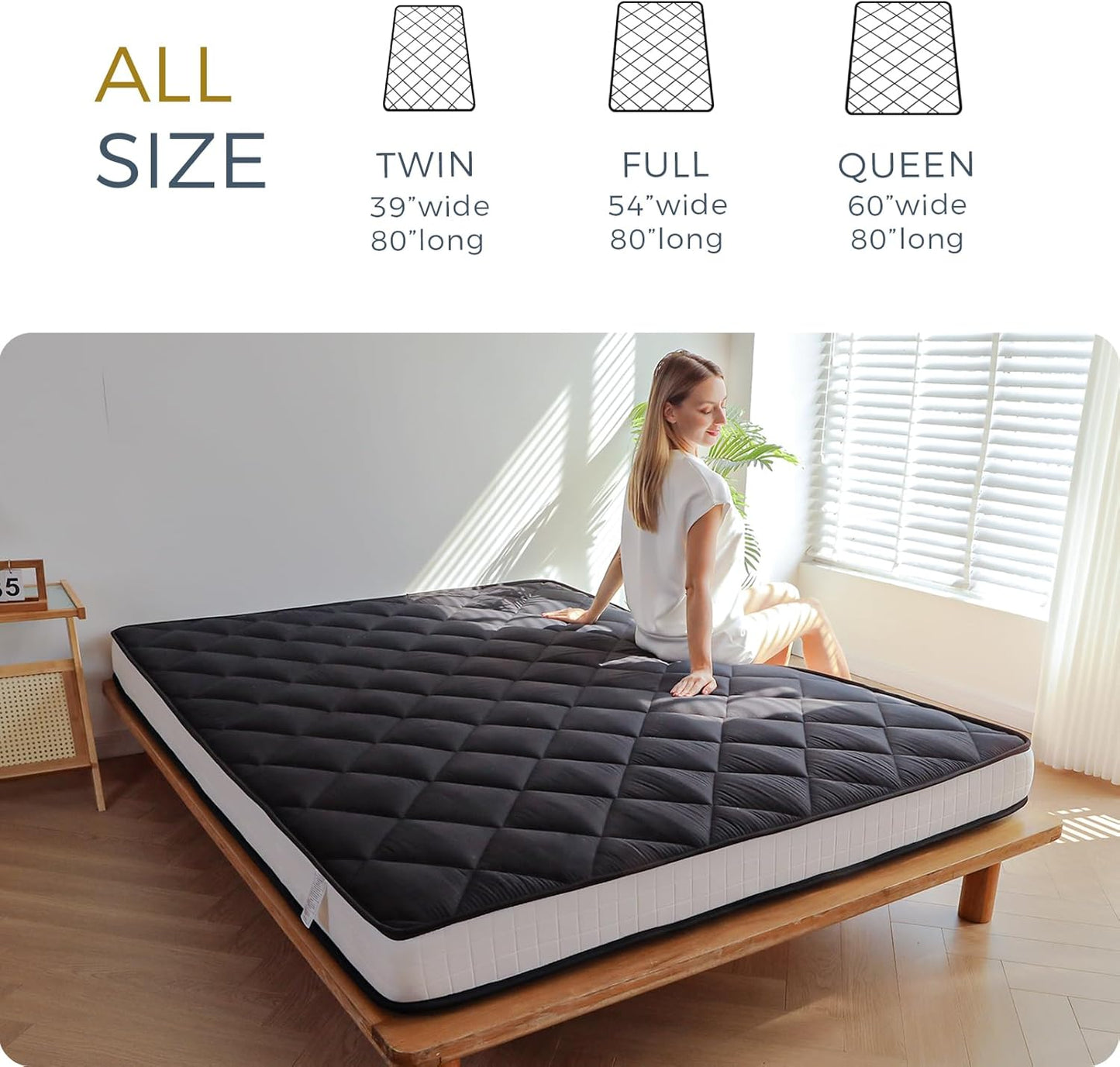 6" Extra Thick Futon Mattress, Queen Size Diamond Pattern Mattress Pad Tatami Pad Japanese Floor Mattress for Adults Guest Mattress, Black