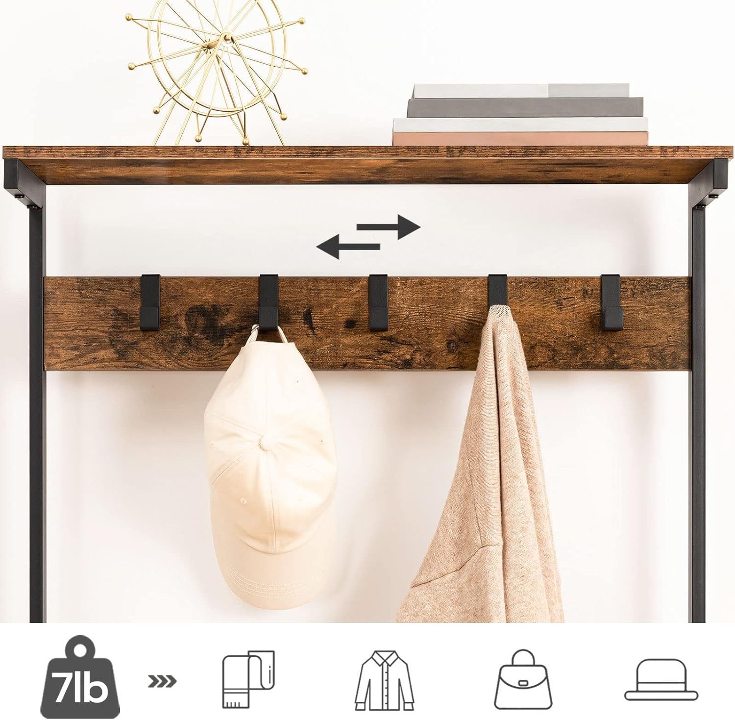 Hall Tree with Bench, Coat Rack with Shoe Storage, Shoe and Coat Rack, 5-Tier Entryway Shoe Storage, 5 Hooks, for 12-16 Pairs, Industrial, Hallway, Foyer, Mudroom, Rustic Brown BF74MT01