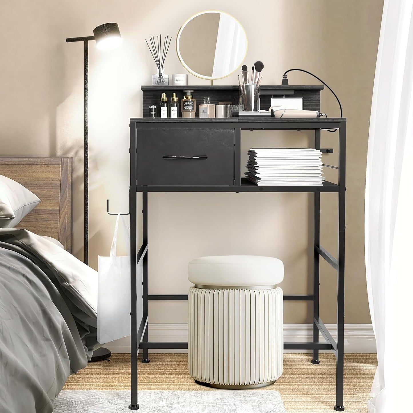 Makeup Vanity Desk without Mirror, Small Vanity Table with Fabric Drawers and Charging Station for Girls Bedroom, Simple Home Office Computer Desk for Small Spaces, Black