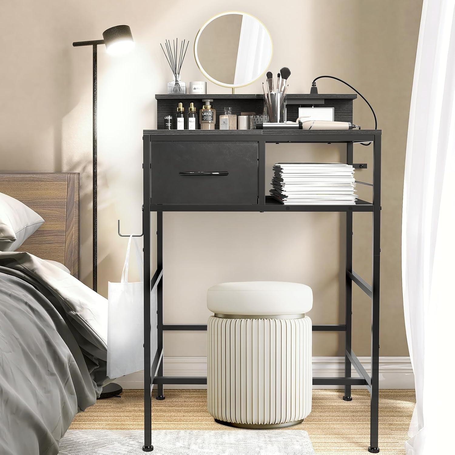 Makeup Vanity Desk without Mirror, Small Vanity Table with Fabric Drawers and Charging Station for Girls Bedroom, Simple Home Office Computer Desk for Small Spaces, Black