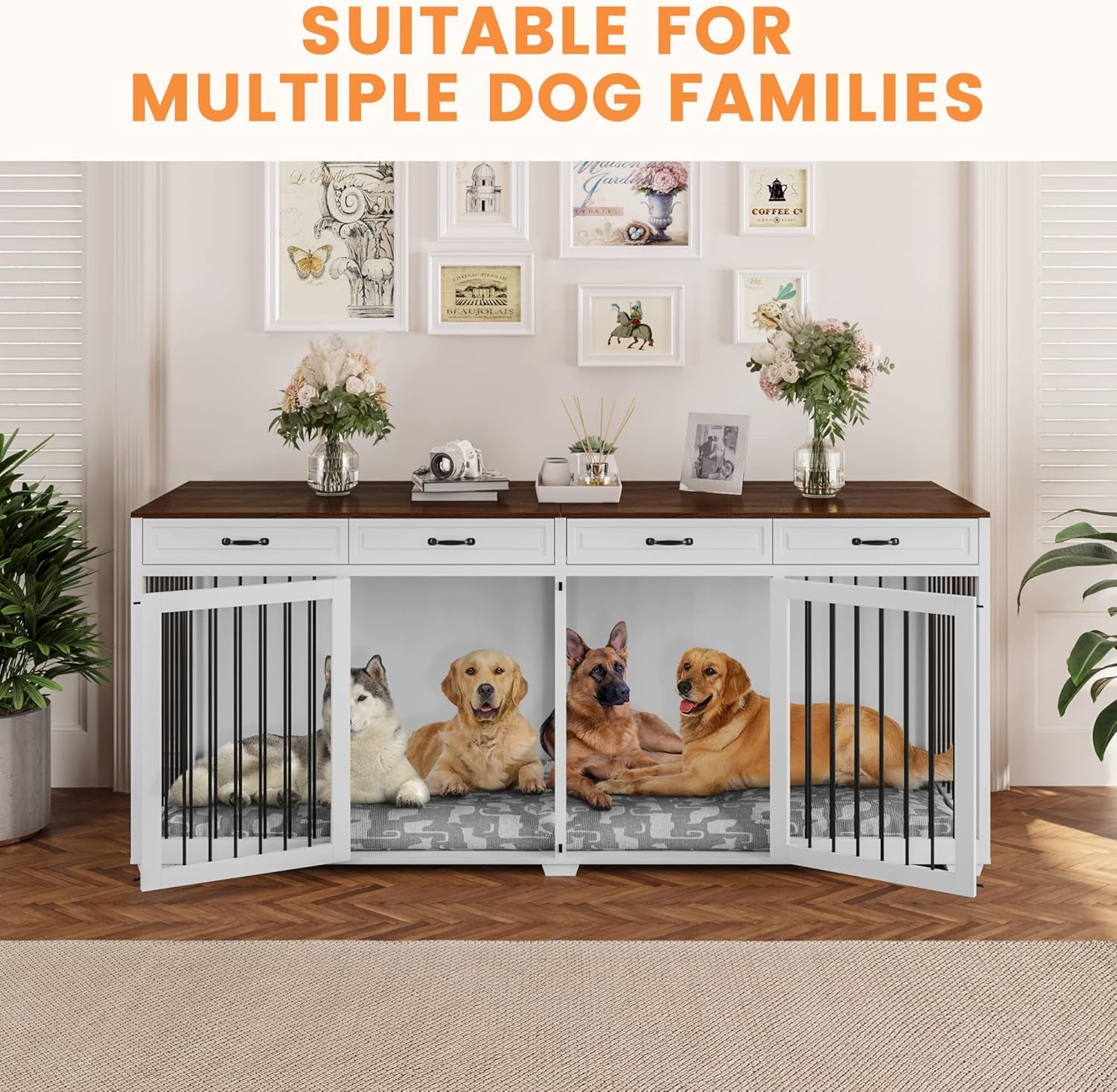 Large Dog Crate Furniture, 64.6" Wooden Heavy Duty Dog Crate Kennel Cage Furniture with 2 Drawers and Divider, for Medium Dog or 2 Small Dogs Indoor