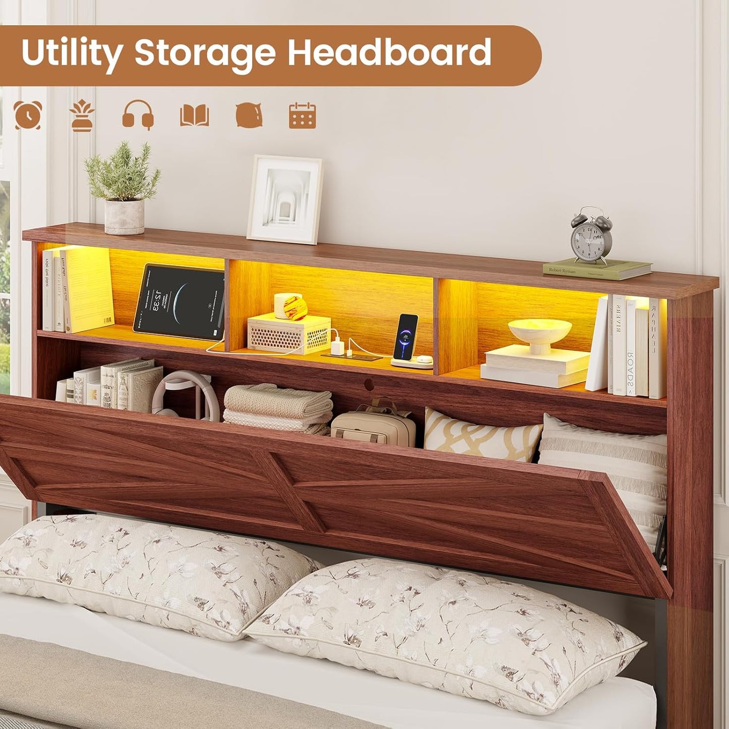 Queen Bed Frame with 6 Drawers, Farmhouse Bed Frame with Barn Door Headboard and Storage, Wood Platform Bed Frame Queen Size with Charging Station and LED Lights, No Box Spring Needed, Brown