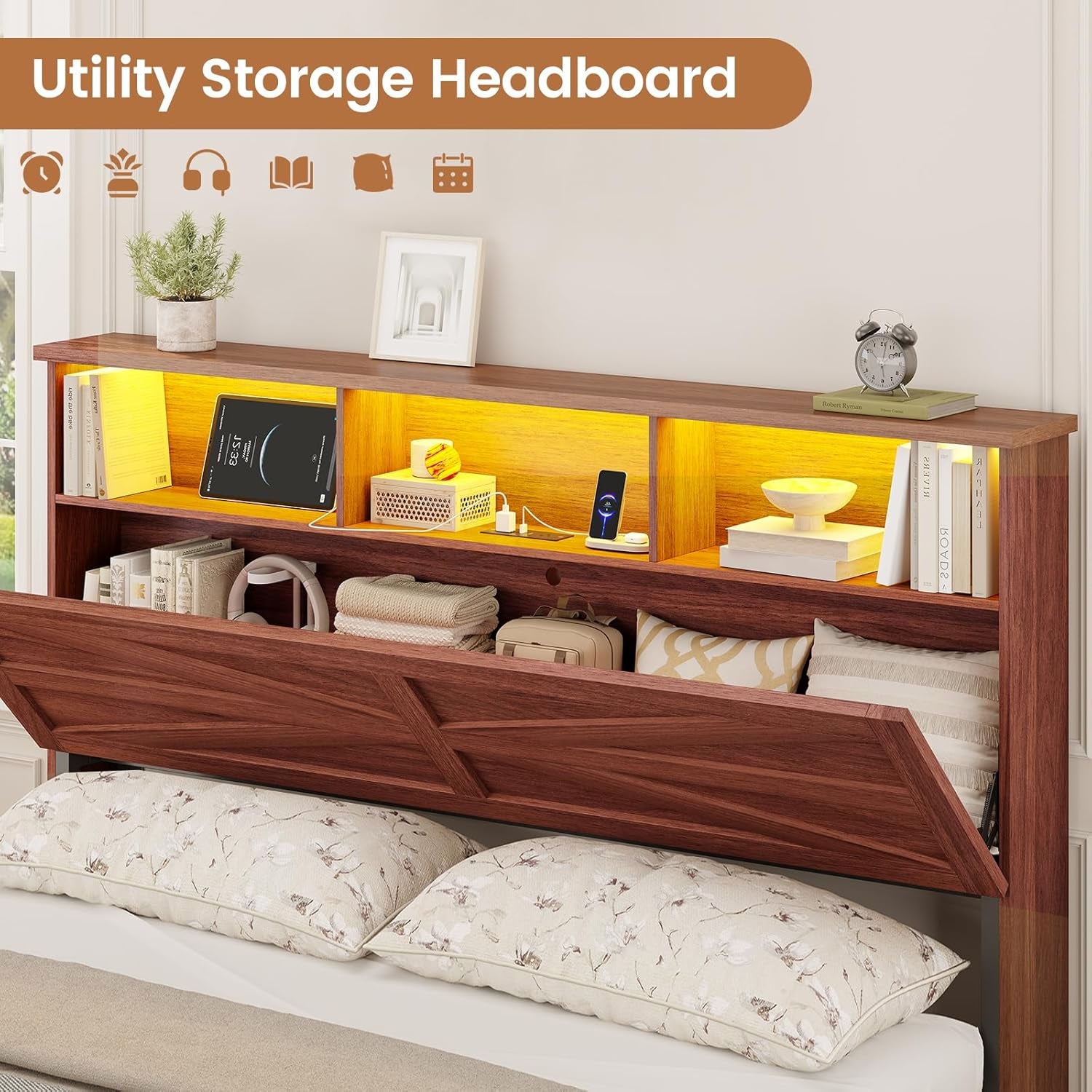 Queen Bed Frame with 6 Drawers, Farmhouse Bed Frame with Barn Door Headboard and Storage, Wood Platform Bed Frame Queen Size with Charging Station and LED Lights, No Box Spring Needed, Brown