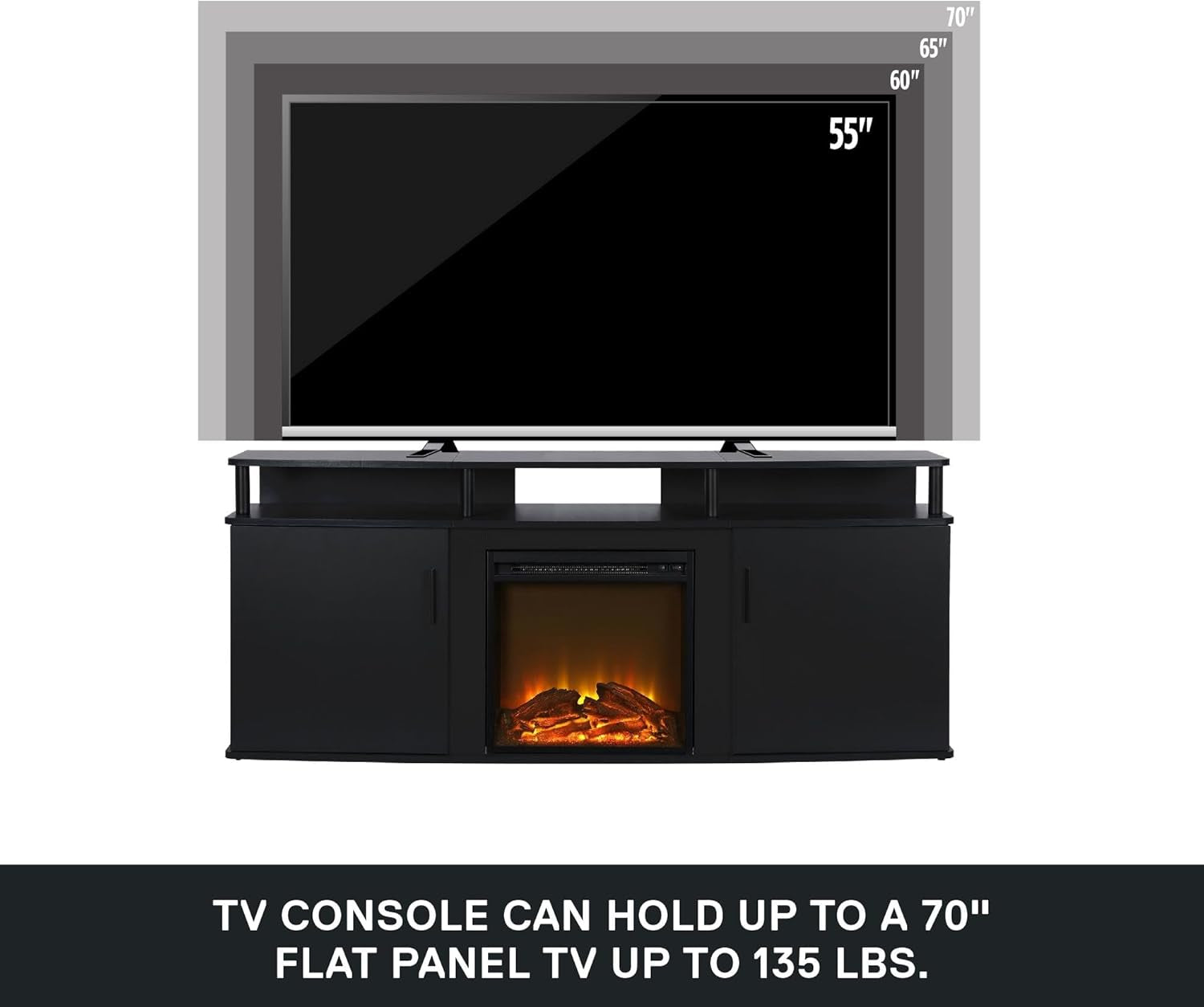 Carson Fireplace TV Stand for Tvs up to 70 Inch, Replaceable Electric Fireplace Insert Heater, Realistic Log and Flame Effect, for Living Room or Bedroom, Black