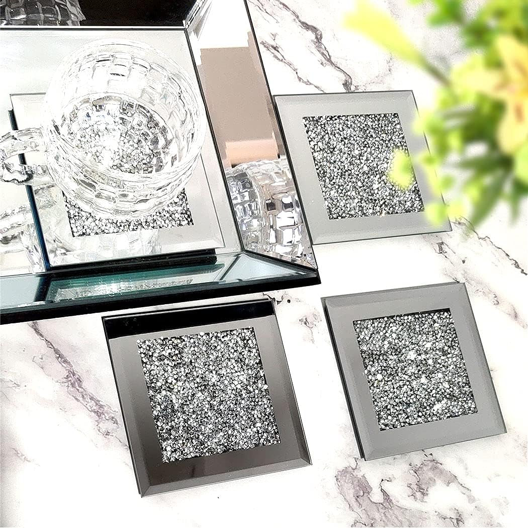 Glass Mirrored Coaster 4 PC, Crushed Diamond Square Cup Mat 4" Decor on Tabletop for Bar Tools Dining Table