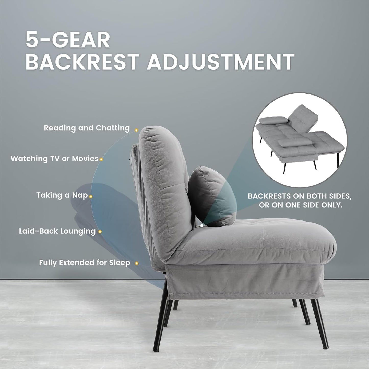 Convertible Futon Sofa Bed, 72″Fabric Futons Couch with Adjustable Backrest, Folding Sleeper Recliner for Living Room Furniture (Grey)